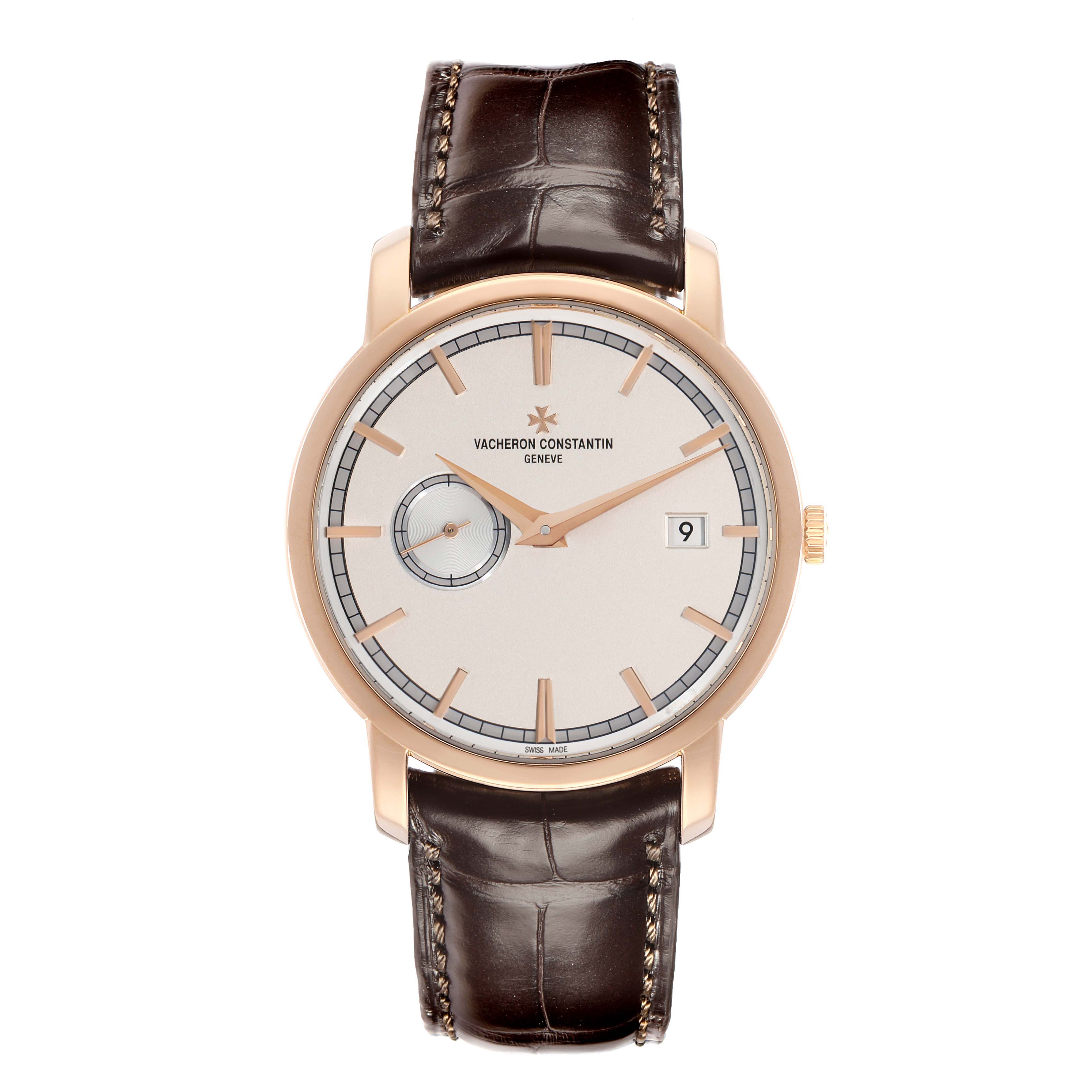 The Vacheron Constantin Traditionnelle 87172 Men
s Rose Gold Silver Dial watch is shown from a front angle, displaying the dial, hands, date window, and leather strap.