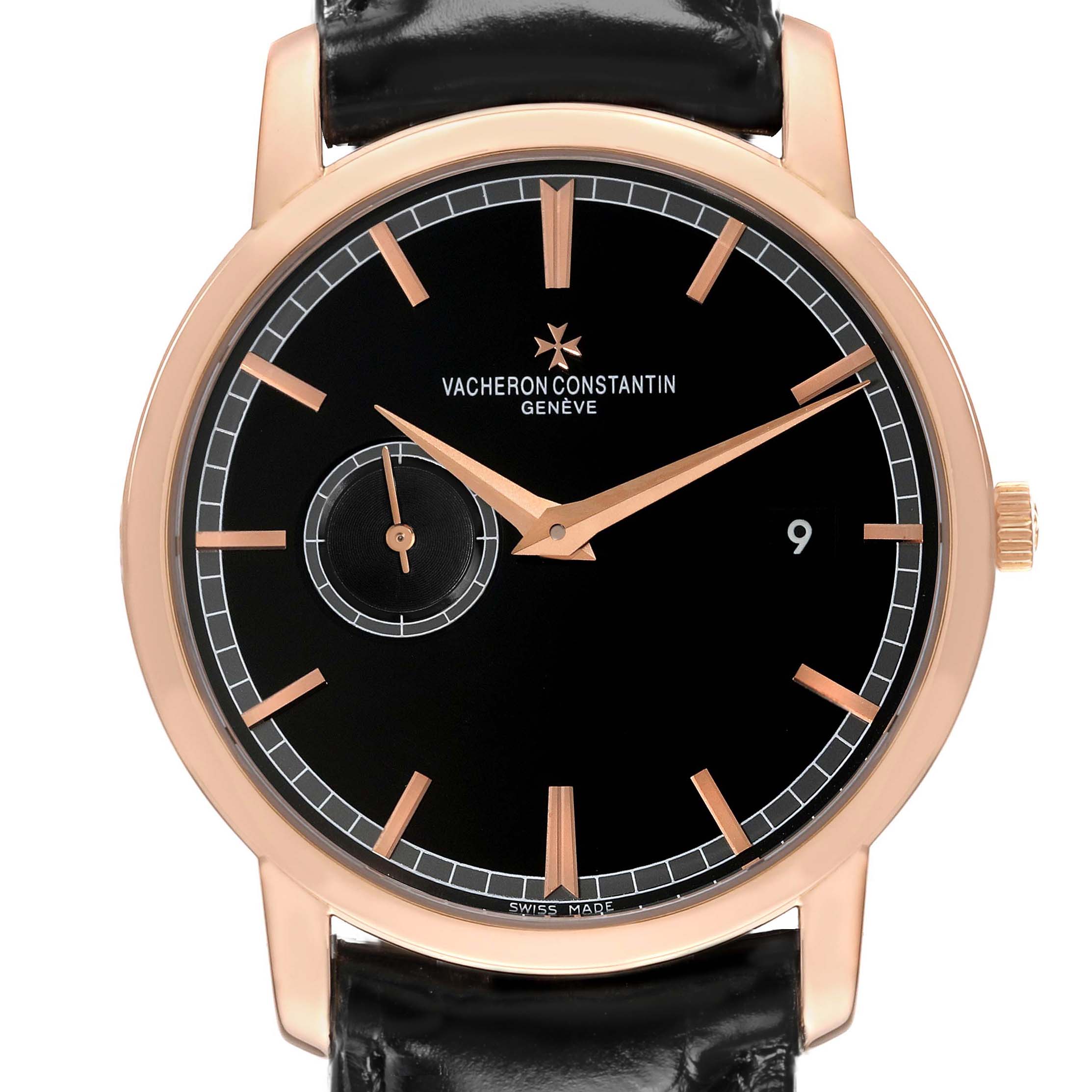 The Vacheron Constantin Traditionnelle 87172 Men
s Rose Gold Black Dial watch is shown from a front angle, featuring a black dial, rose gold case, and leather strap.