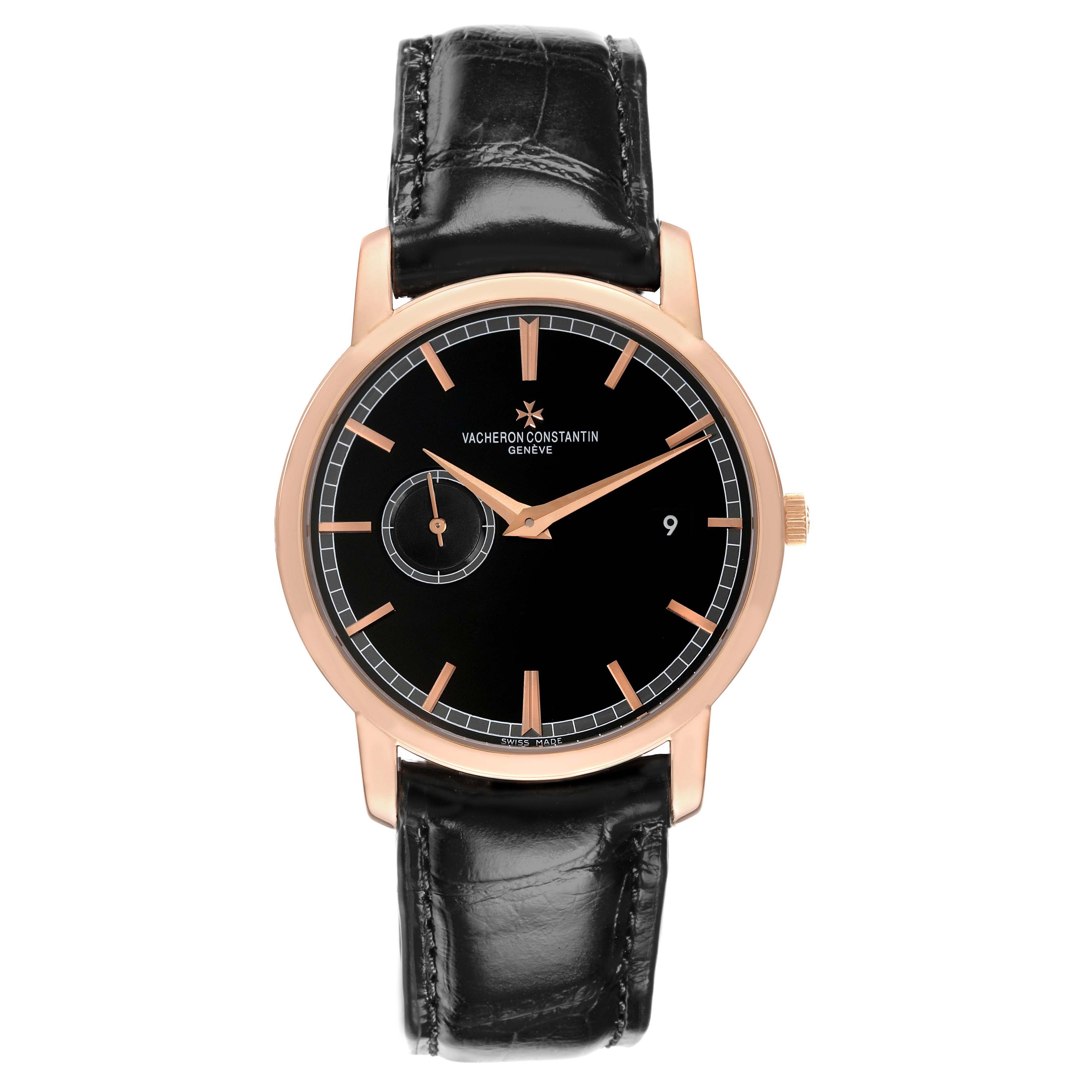 The Vacheron Constantin Traditionnelle 87172 Men
s Rose Gold Black Dial watch is shown from a front view, highlighting its black dial, rose gold case, and leather strap.
