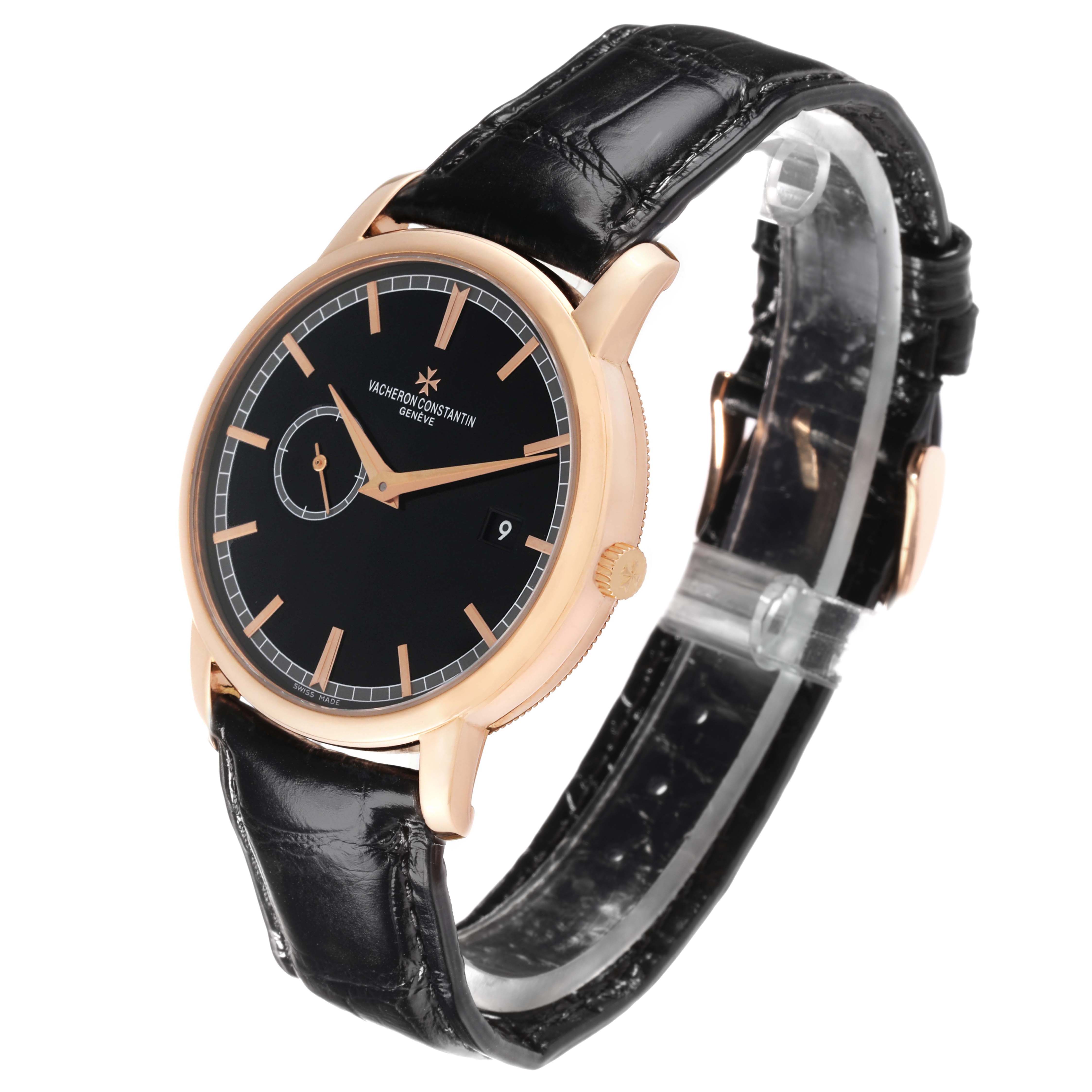 The Vacheron Constantin Traditionnelle 87172 Men
s Rose Gold Black Dial watch is shown at a three-quarter angle, displaying the face, crown, and part of the strap.
