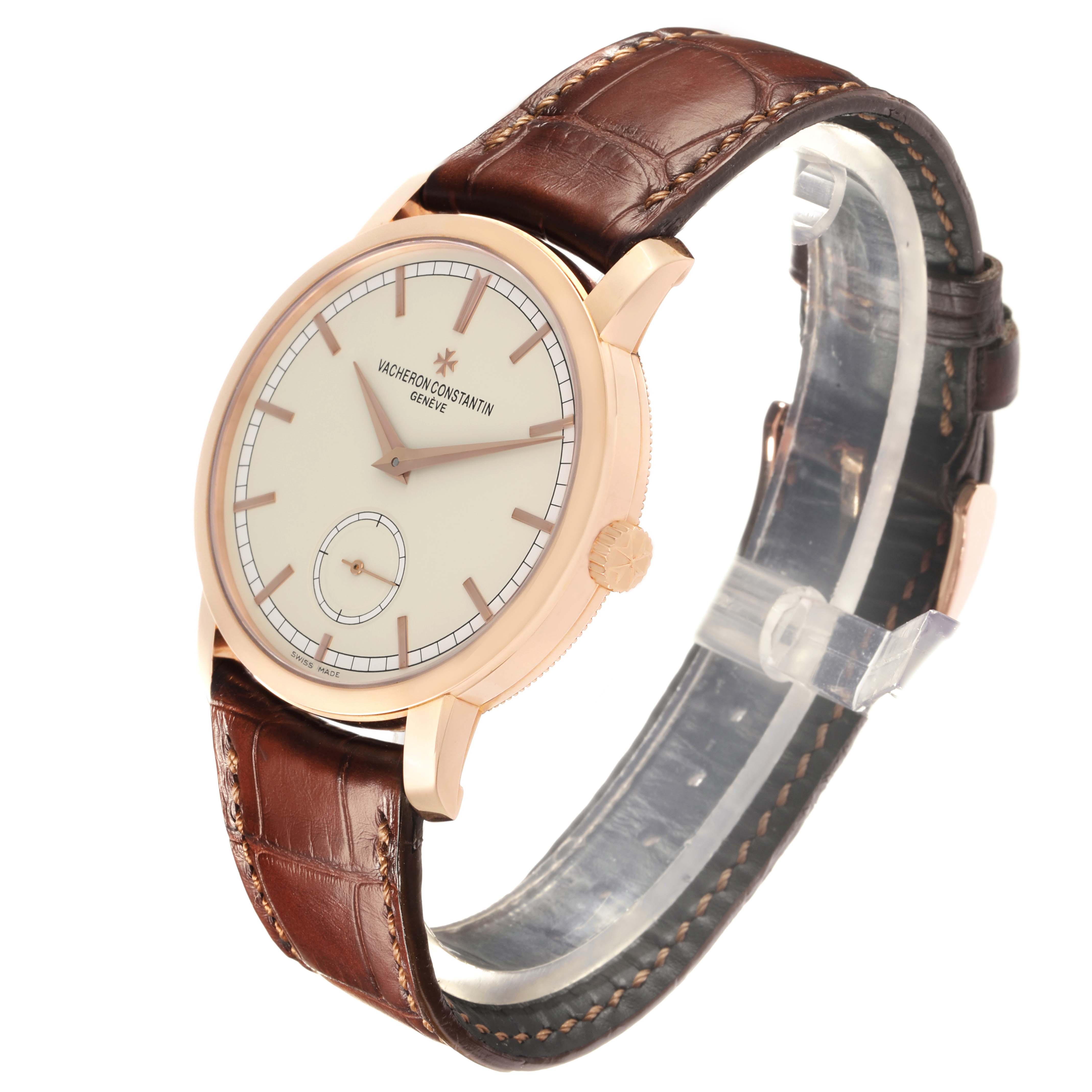The Vacheron Constantin Traditionnelle 82172 Men
s Rose Gold Silver Dial watch is shown at a three-quarter angle, highlighting the face, case, and leather strap.