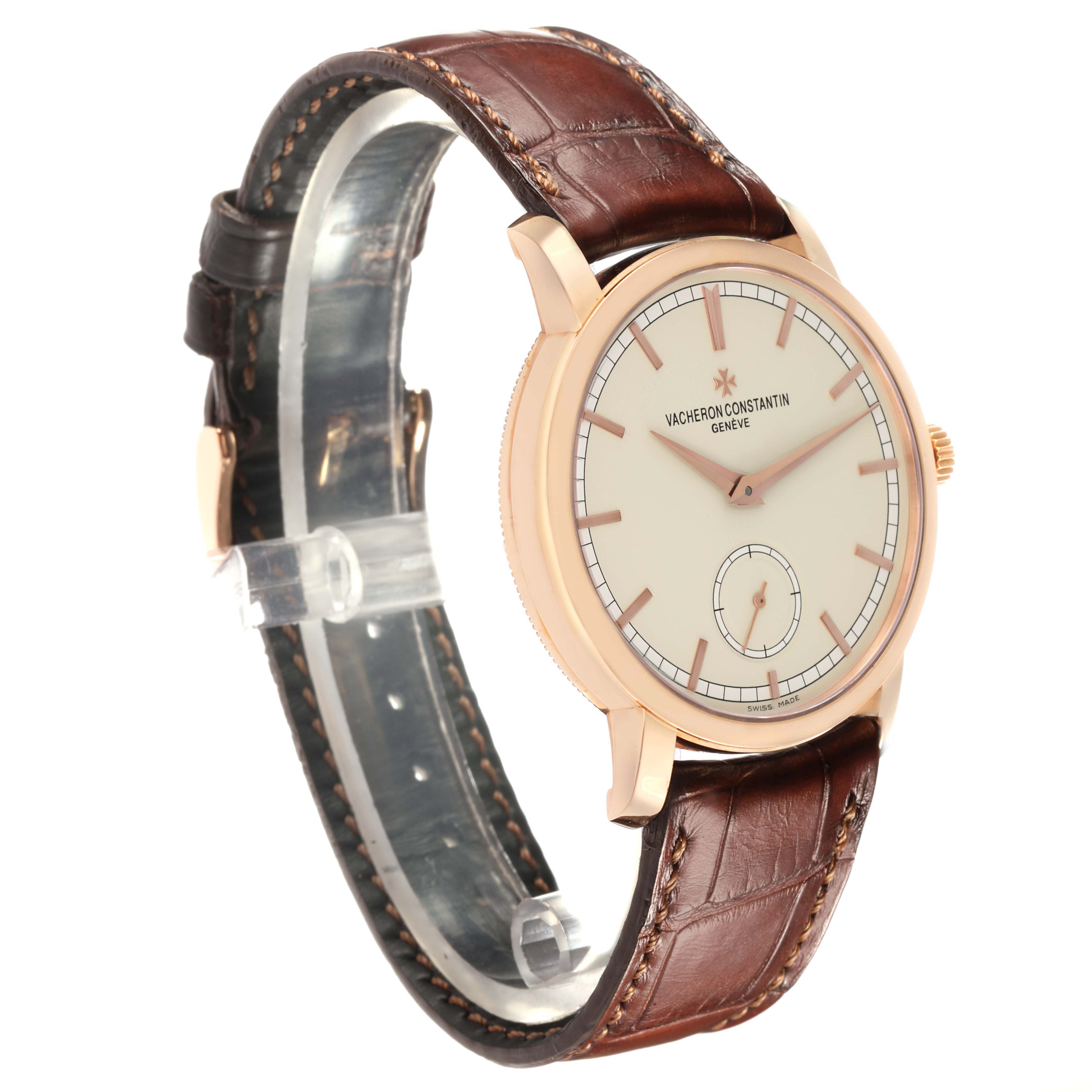 The Vacheron Constantin Traditionnelle 82172 Men
s Rose Gold Silver Dial watch is shown at a slight angle, highlighting the face, case, and leather strap.
