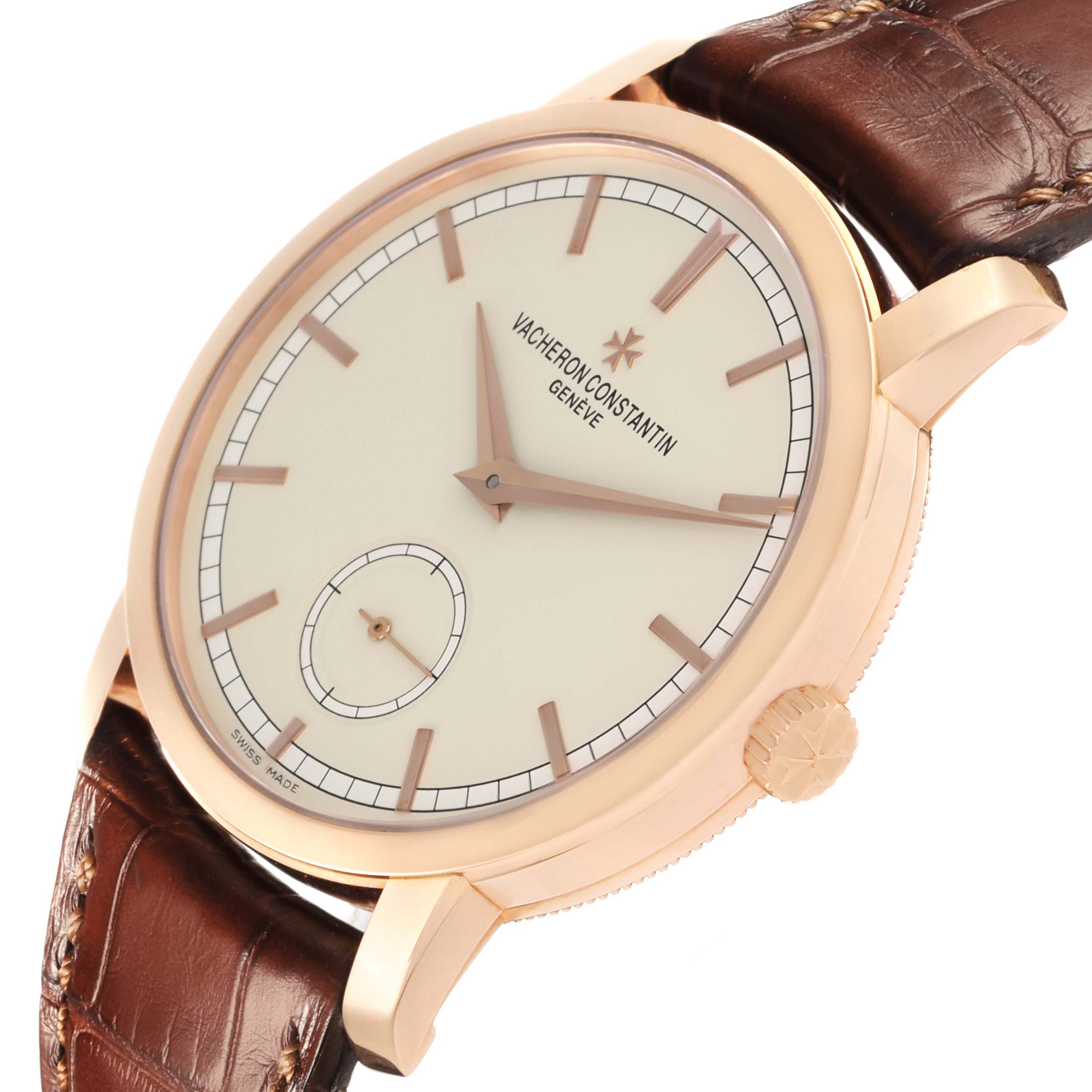 The Vacheron Constantin Traditionnelle 82172 Men
s Rose Gold Silver Dial watch is shown at a slight side angle, highlighting its dial, hands, crown, and leather strap.