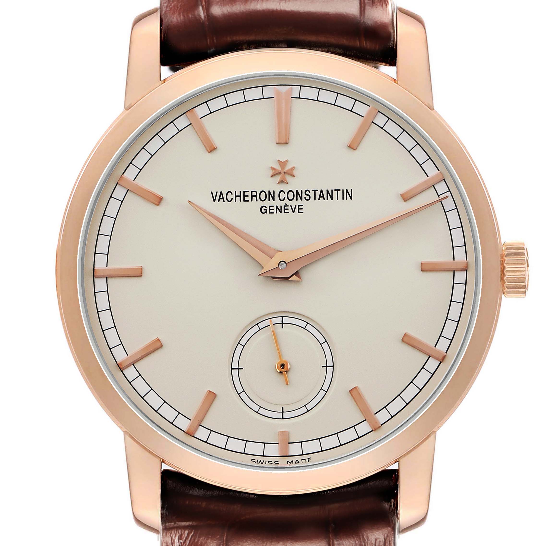 The Vacheron Constantin Traditionnelle 82172 Men
s Rose Gold Silver Dial watch is shown from a frontal angle, highlighting the dial, hands, and crown.
