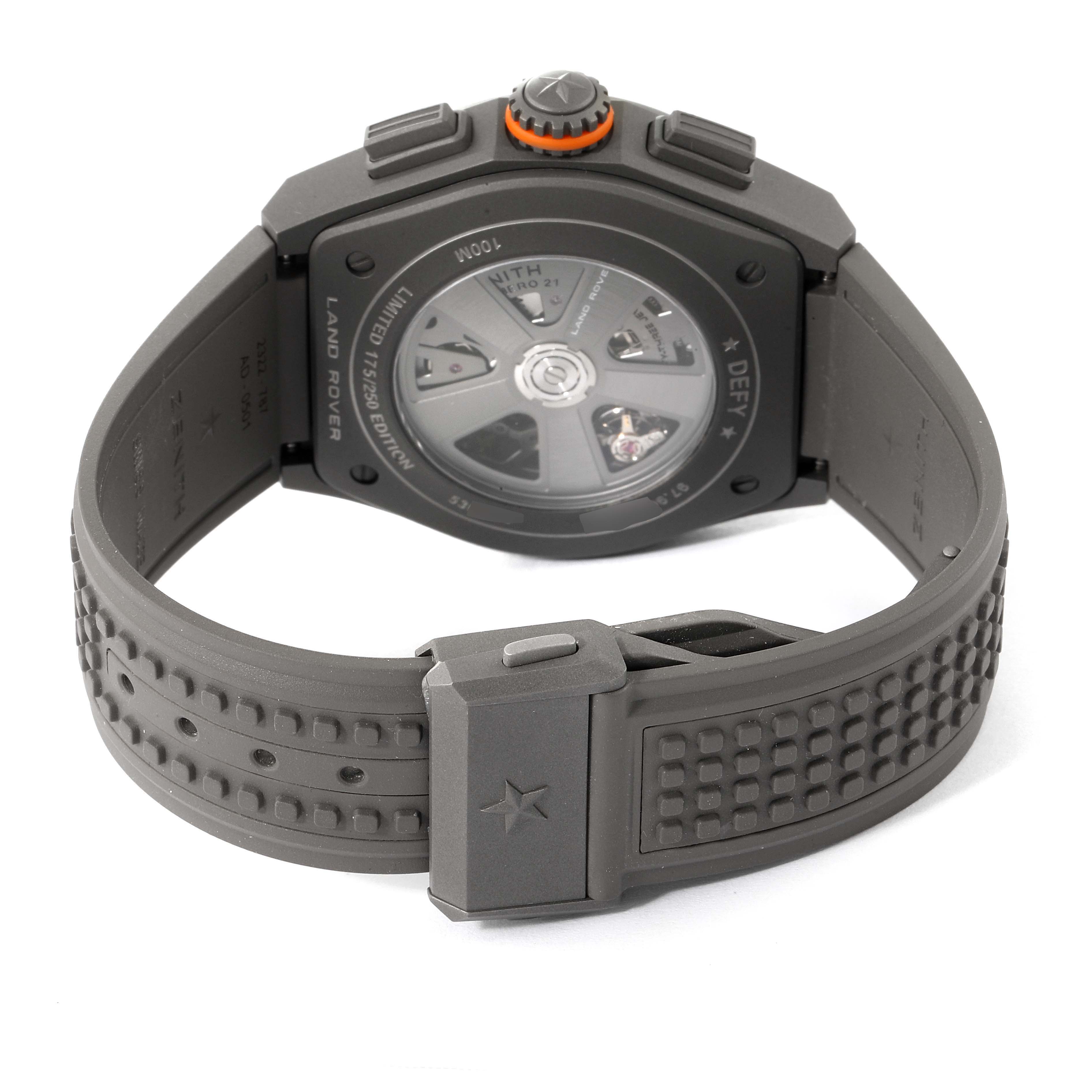 This image shows the back side of a Zenith Defy 97.9000.9004/01.R787 Men
s Titanium Grey Dial 97.9000.9004/01.R787 Men
s Titanium Grey Dial model watch, highlighting the case back and strap.