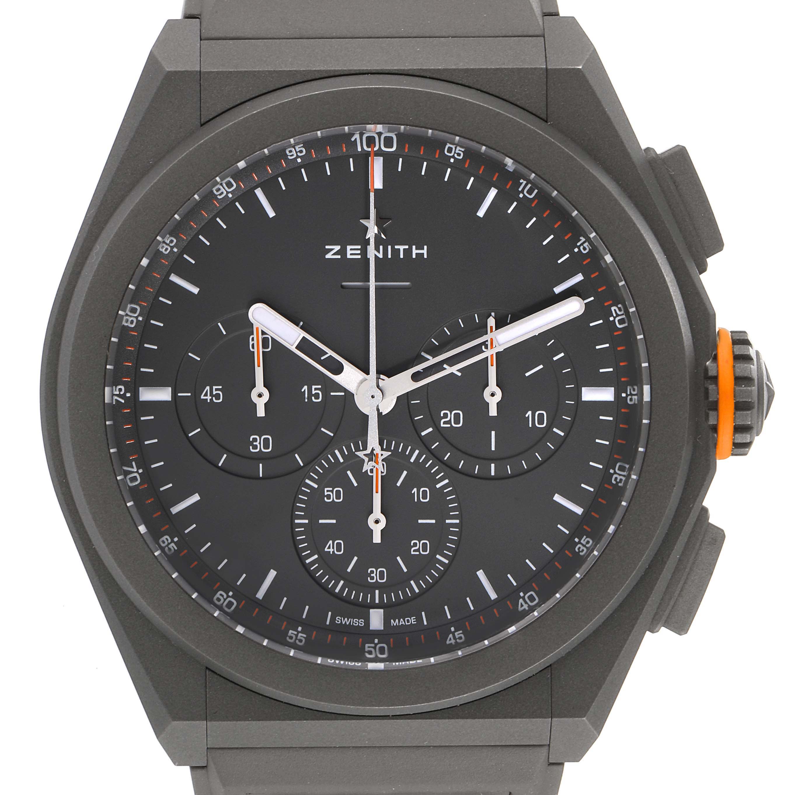 The image shows a front view of the Zenith Defy 97.9000.9004/01.R787 Men
s Titanium Grey Dial 97.9000.9004/01.R787 Men
s Titanium Grey Dial model watch, highlighting the dial, chronograph subdials, and crown.