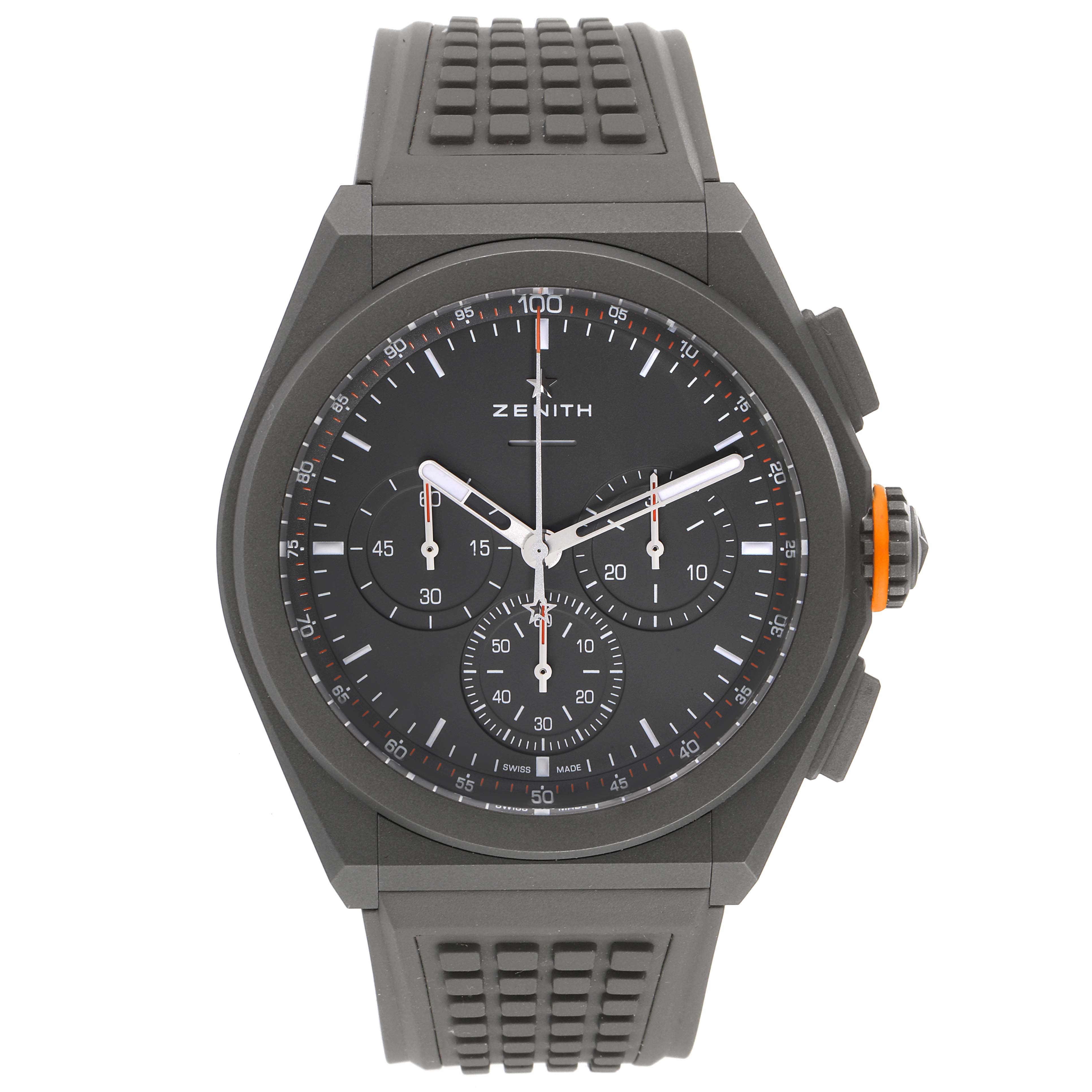 The image shows a front view of the Zenith Defy 97.9000.9004/01.R787 Men
s Titanium Grey Dial 97.9000.9004/01.R787 Men
s Titanium Grey Dial watch, featuring the dial, three sub-dials, and a rubber strap.