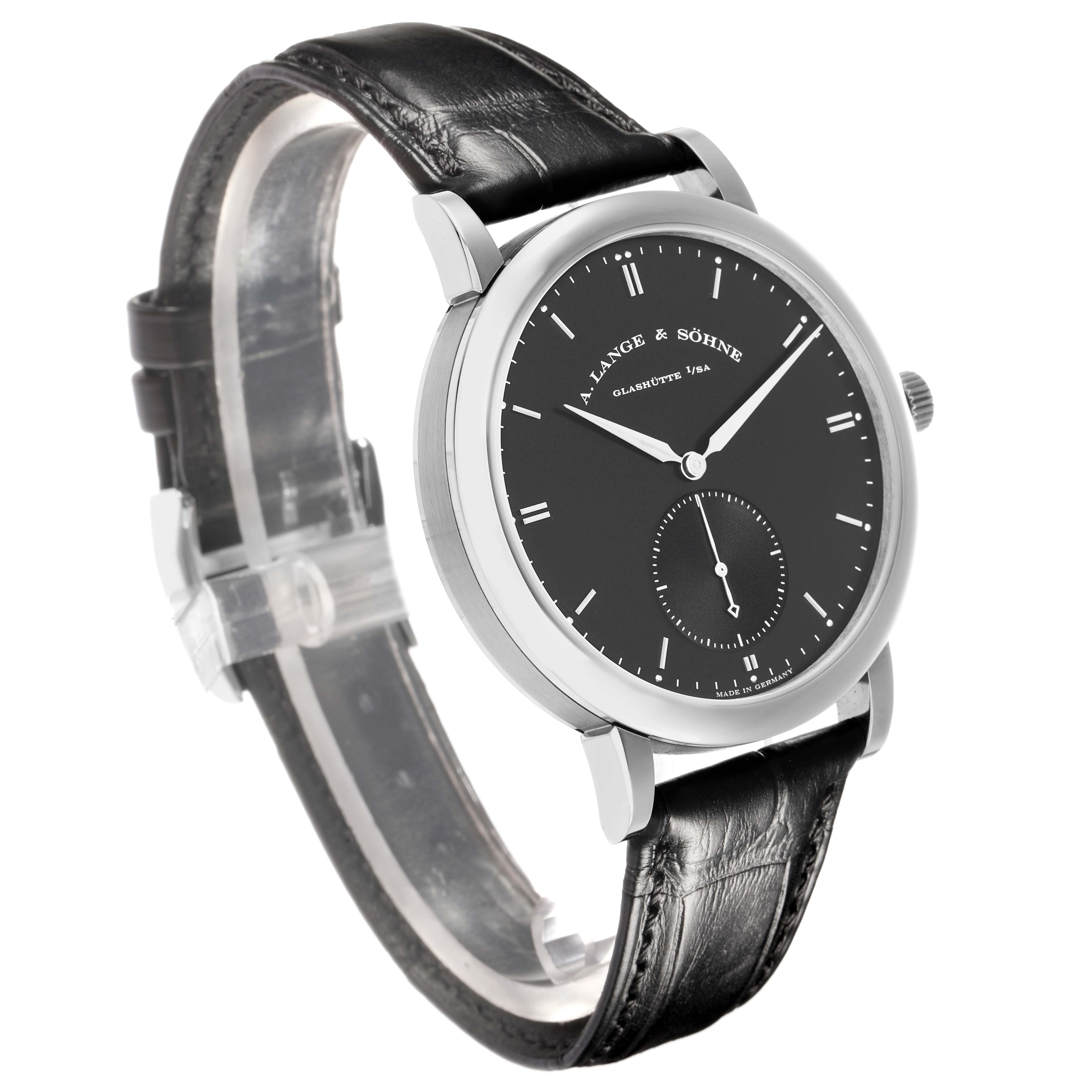 The A. Lange 
Sohne Saxonia 307.029 Men
s White Gold Black Dial watch is shown at a slight side angle, displaying the black dial, case, crown, and leather strap.