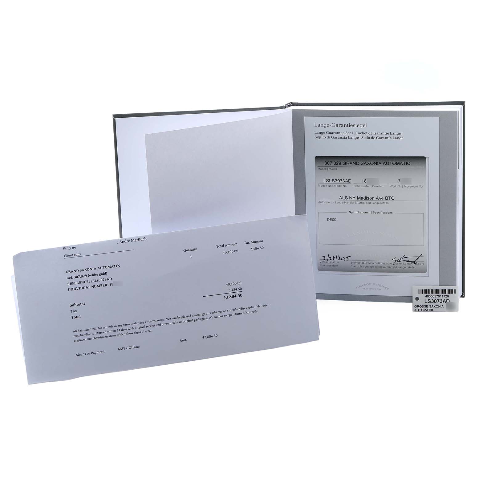 The image shows a warranty booklet and purchase receipt for the Saxonia model by A. Lange 
Söhne.