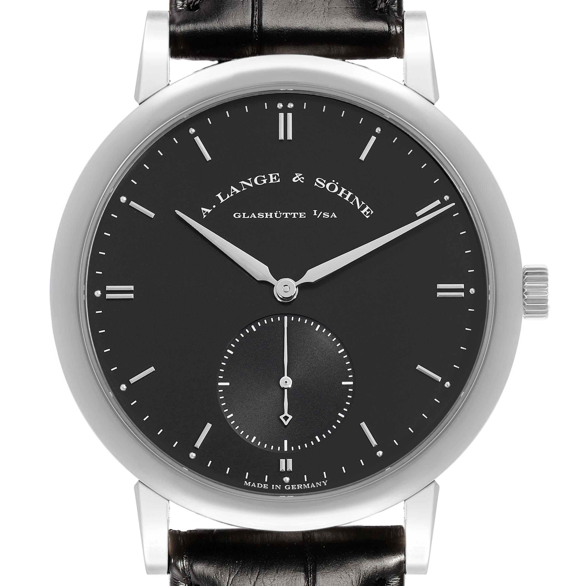 The A. Lange 
Sohne Saxonia 307.029 Men
s White Gold Black Dial watch is shown from a front angle, highlighting the dial, hands, case, and strap.