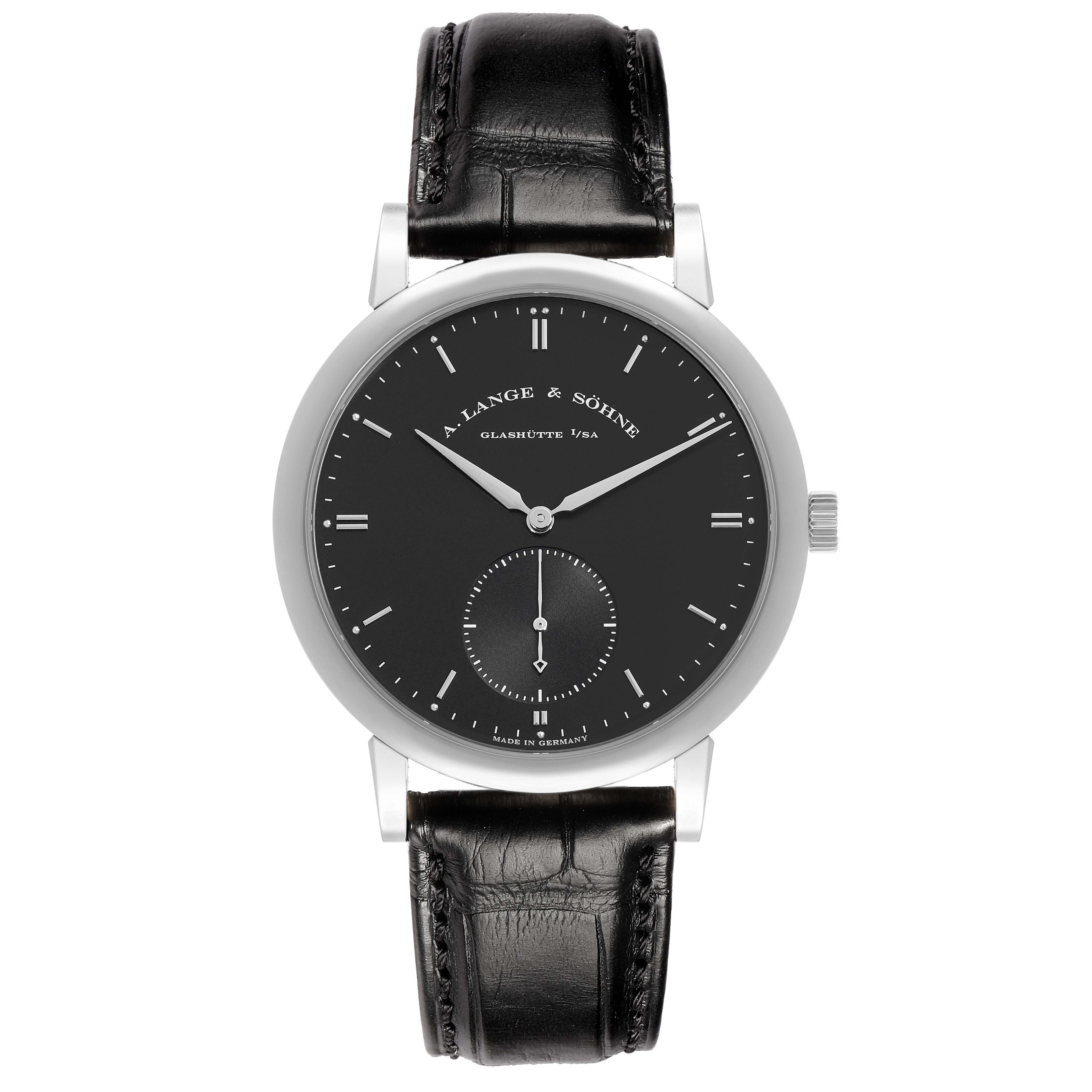 The A. Lange 
Sohne Saxonia 307.029 Men
s White Gold Black Dial watch is shown from the front, displaying the dial, hands, case, and leather strap.