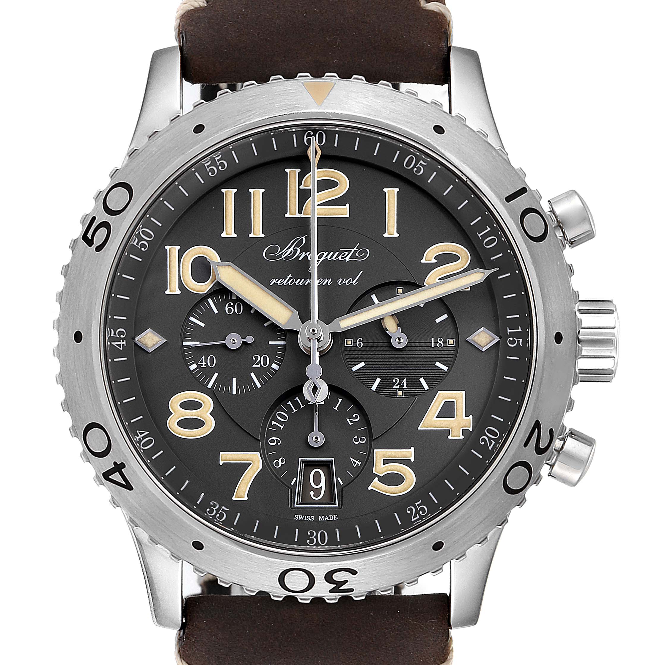 The image shows a Breguet Type XX - XXI - XXII 3817ST/X2/3ZU Men's Stainless Steel Grey Dial 3817ST/X2/3ZU Men's Stainless Steel Grey Dial watch from a front angle, highlighting its dial, bezel, and chronograph features.