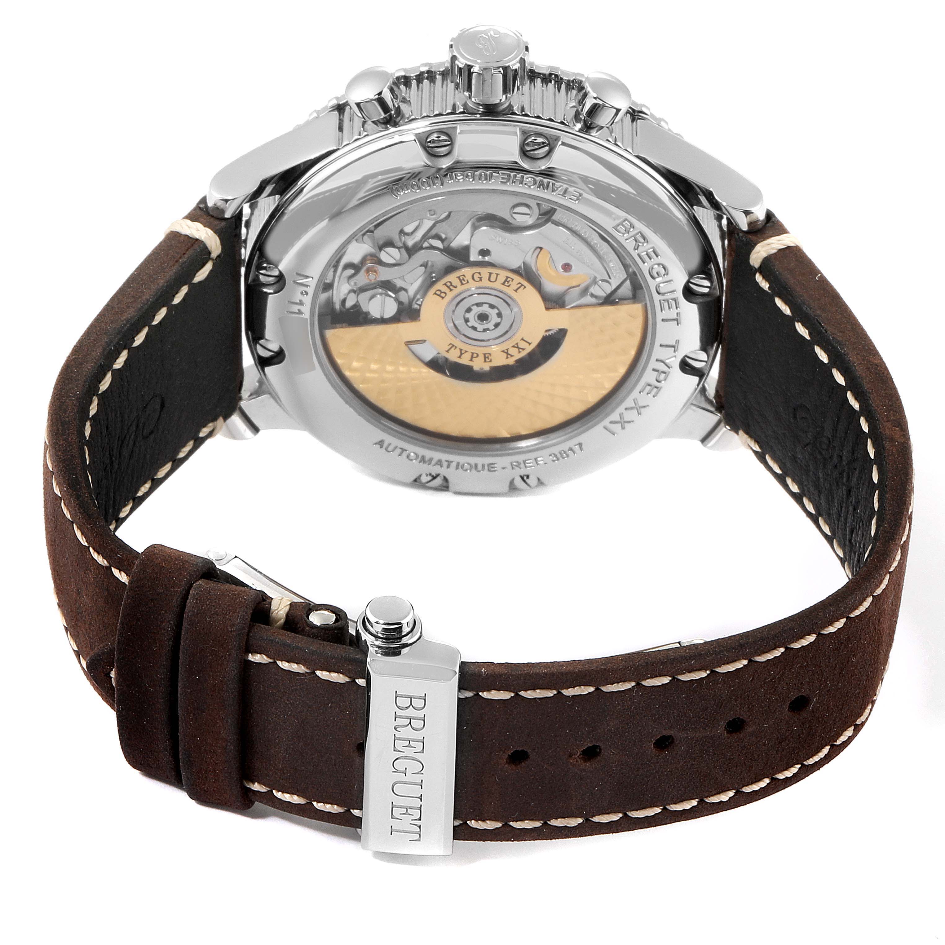 The image shows the back view of a Breguet Type XX - XXI - XXII 3817ST/X2/3ZU Men's Stainless Steel Grey Dial 3817ST/X2/3ZU Men's Stainless Steel Grey Dial watch with an exposed movement and a brown leather strap.