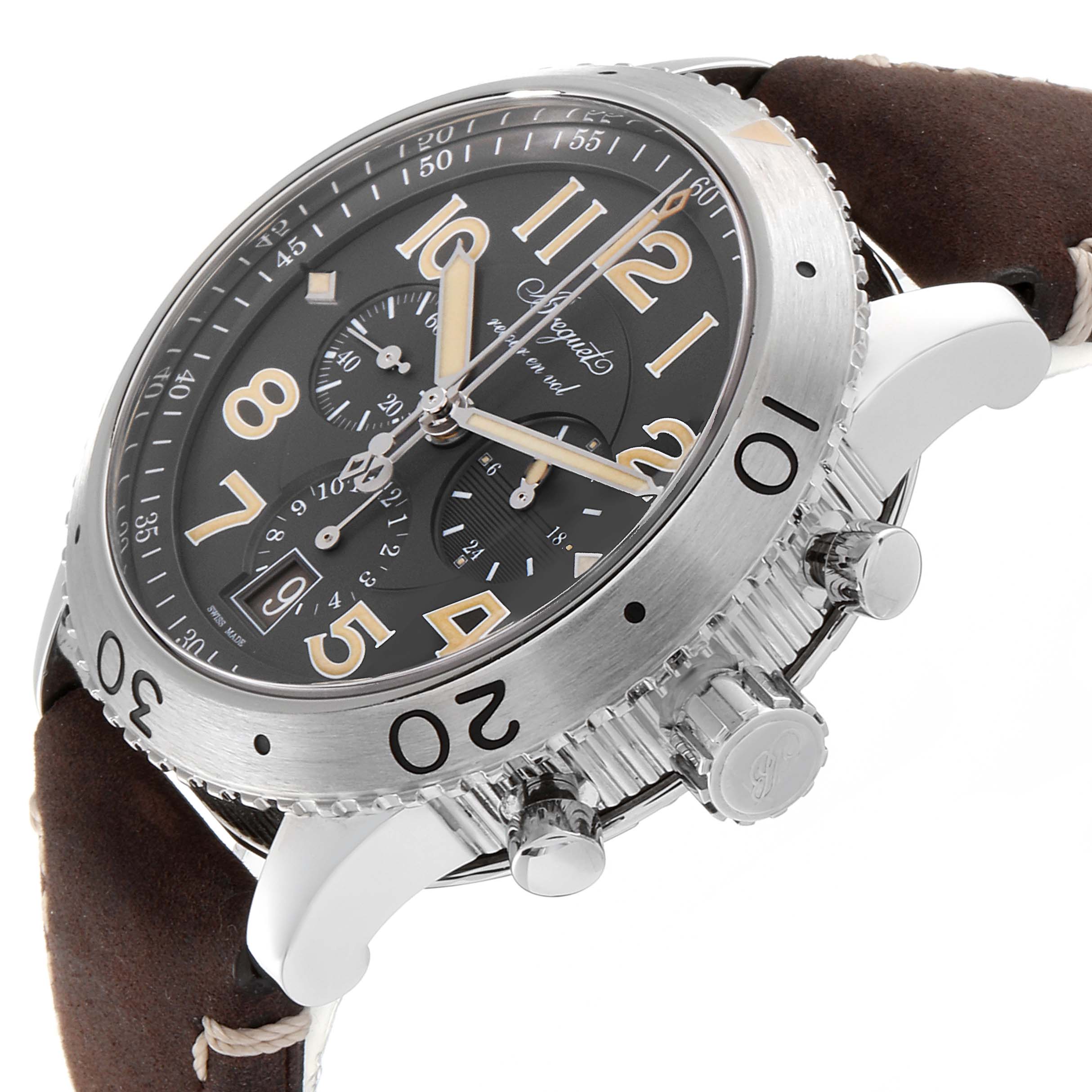 This image shows a Breguet Type XX - XXI - XXII 3817ST/X2/3ZU Men's Stainless Steel Grey Dial 3817ST/X2/3ZU Men's Stainless Steel Grey Dial watch angled to display the face, bezel, crown, and pushers.