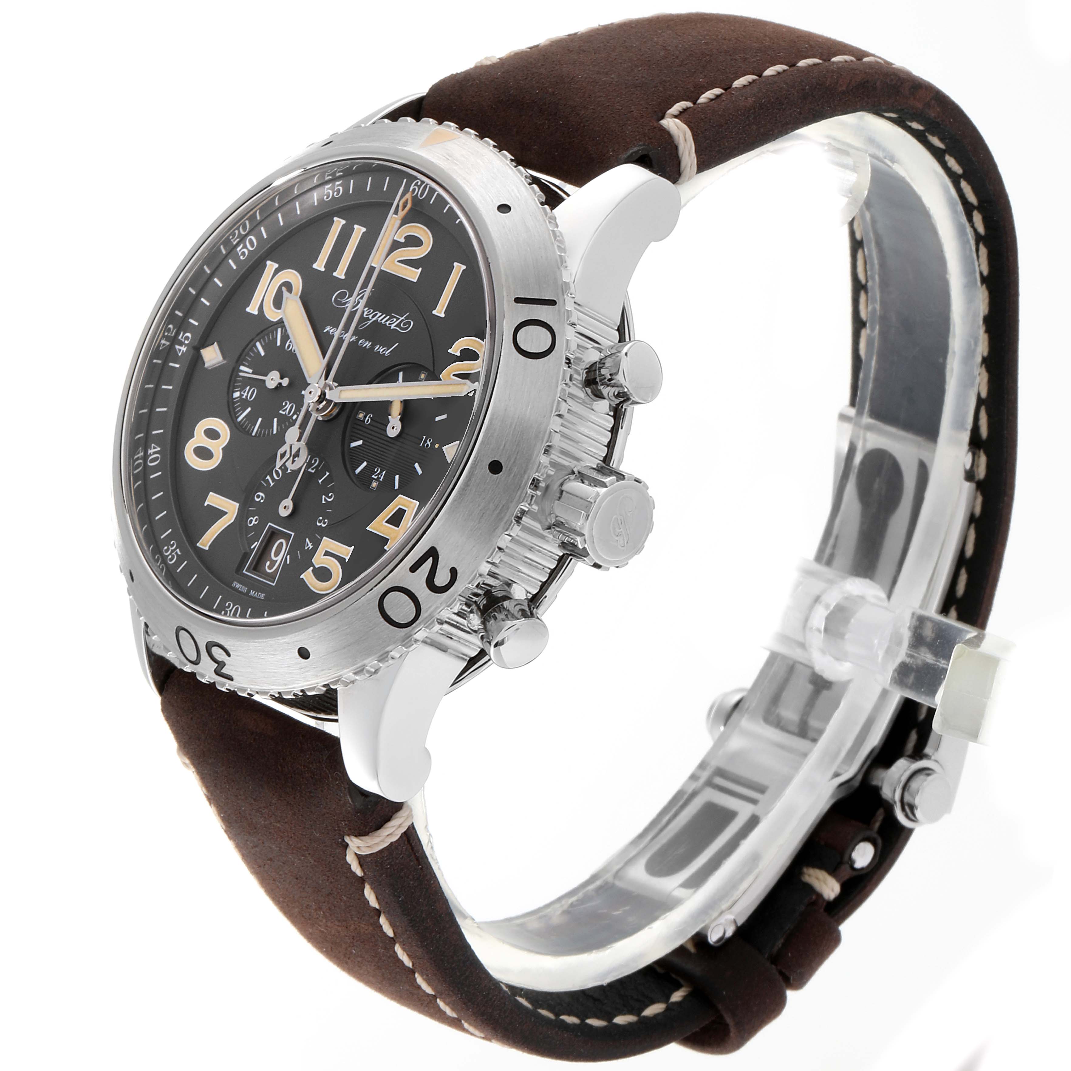 The Breguet Type XX - XXI - XXII 3817ST/X2/3ZU Men's Stainless Steel Grey Dial 3817ST/X2/3ZU Men's Stainless Steel Grey Dial watch is shown from a side angle, highlighting its face, bezel, crown, and leather strap.