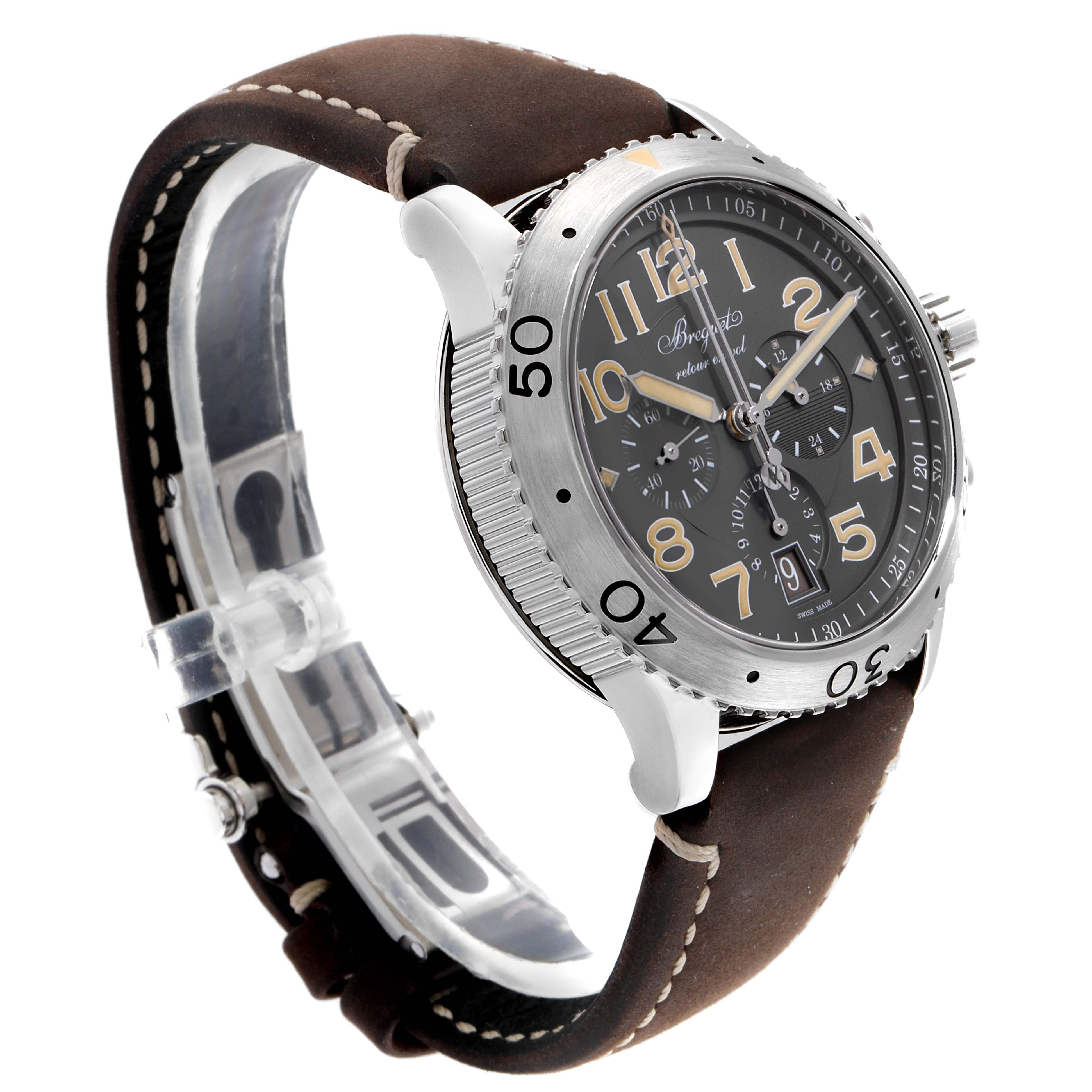 The Breguet Type XX - XXI - XXII 3817ST/X2/3ZU Men's Stainless Steel Grey Dial 3817ST/X2/3ZU Men's Stainless Steel Grey Dial watch is shown at a three-quarter angle displaying the face, bezel, crown, and leather strap.