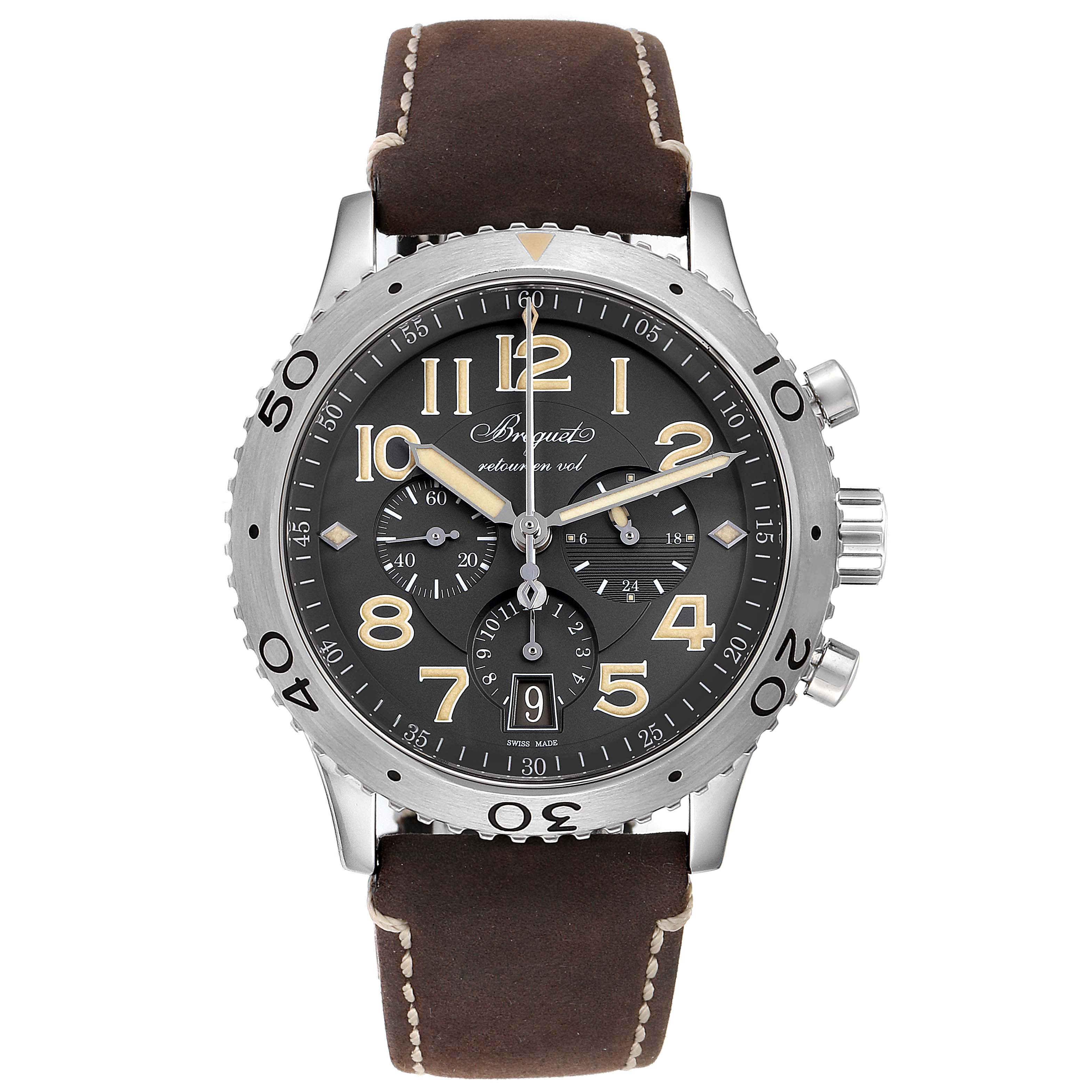 The Breguet Type XX - XXI - XXII 3817ST/X2/3ZU Men's Stainless Steel Grey Dial 3817ST/X2/3ZU Men's Stainless Steel Grey Dial watch is shown from a front angle, displaying its dial, bezel, subdials, and leather strap.