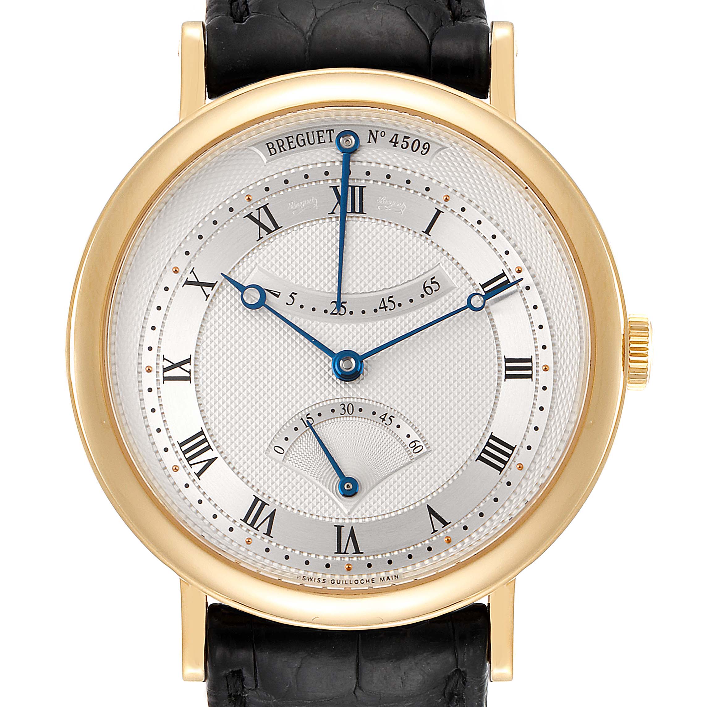 This image shows a front view of the Breguet Classique 5207BA/12/9V6 Men's Yellow Gold Silver Dial 5207BA/12/9V6 Men's Yellow Gold Silver Dial watch, highlighting its dial, hands, and leather strap.