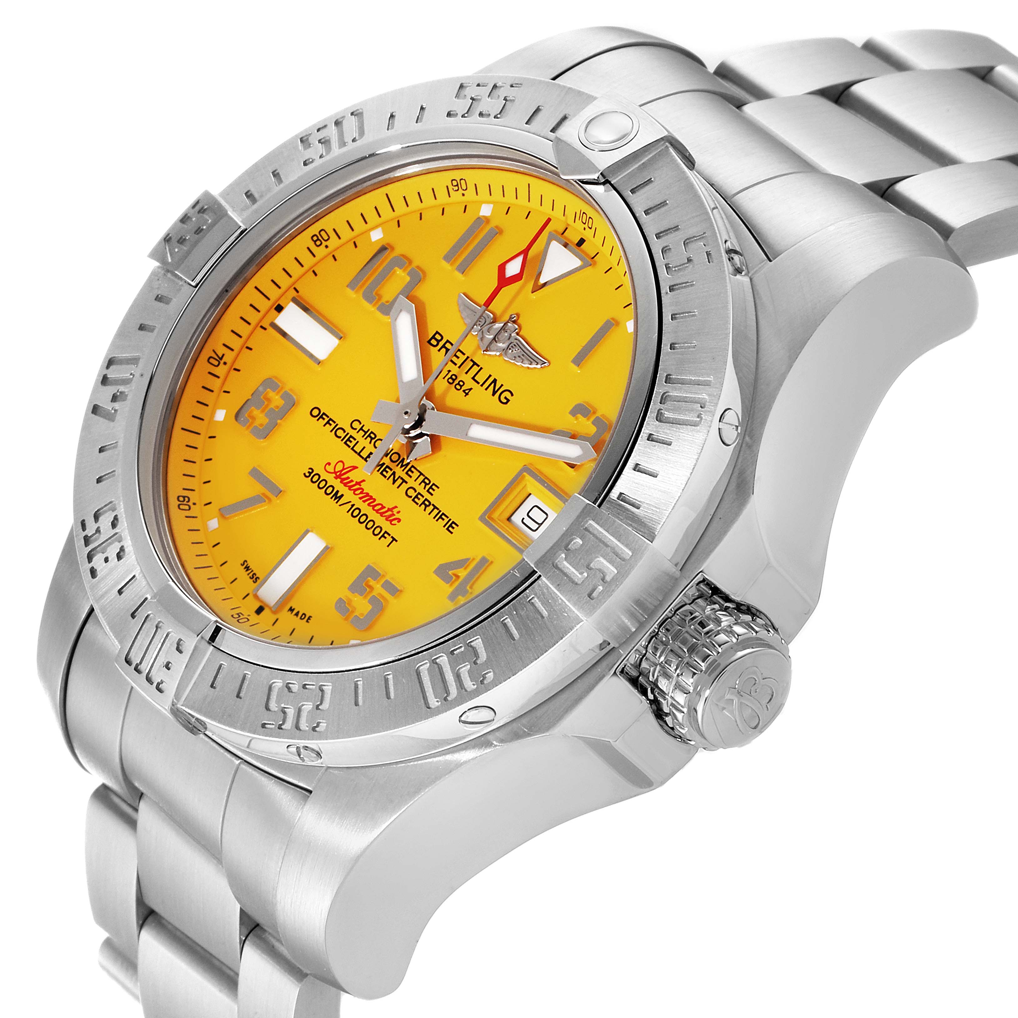 The Breitling Avenger A17331 Men's Stainless Steel Yellow Dial A17331 Men's Stainless Steel Yellow Dial watch is shown at a three-quarter angle, highlighting its yellow dial, bezel, and part of the stainless steel bracelet.