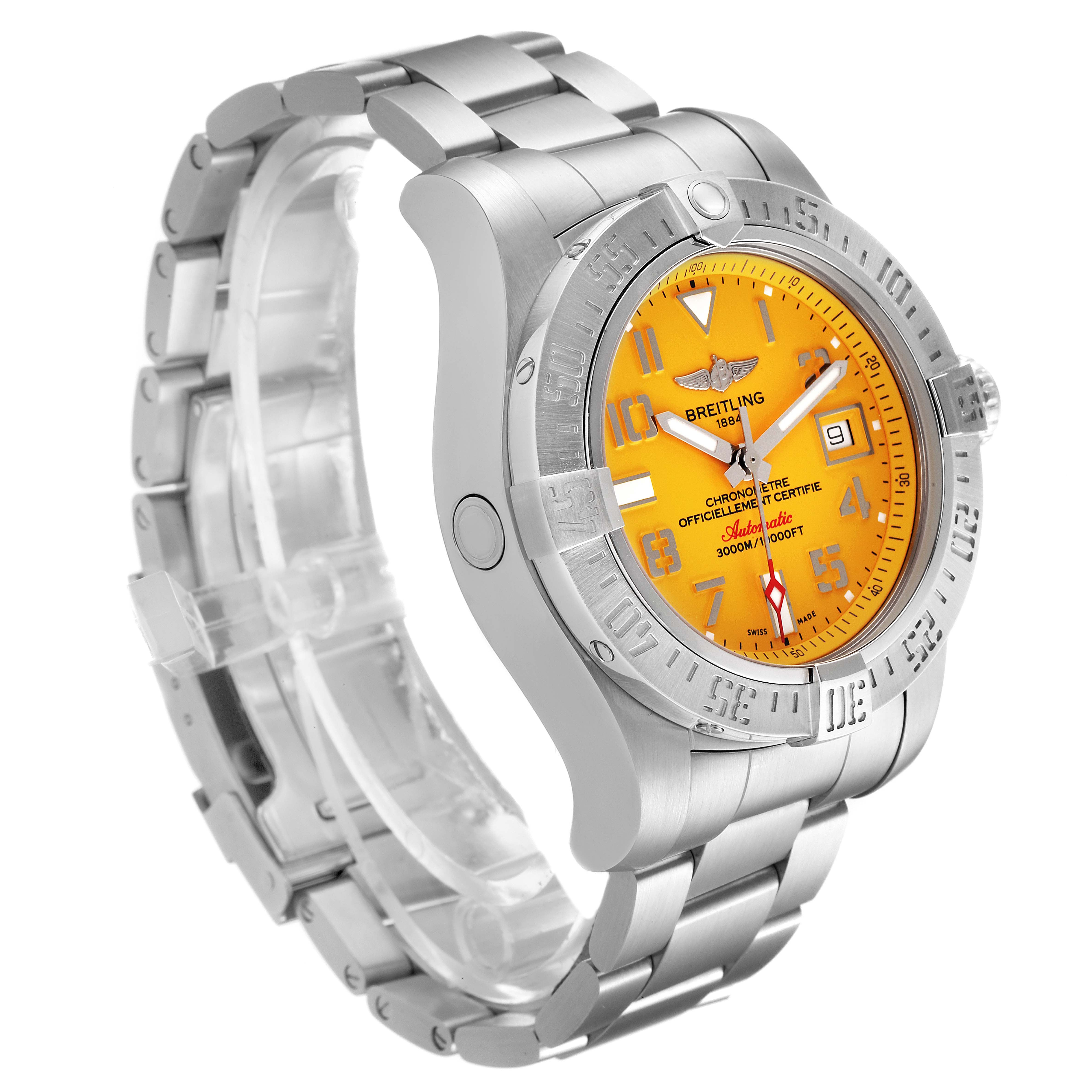 The image shows a Breitling Avenger A17331 Men's Stainless Steel Yellow Dial A17331 Men's Stainless Steel Yellow Dial watch, angled to display the face, bezel, bracelet, and crown.