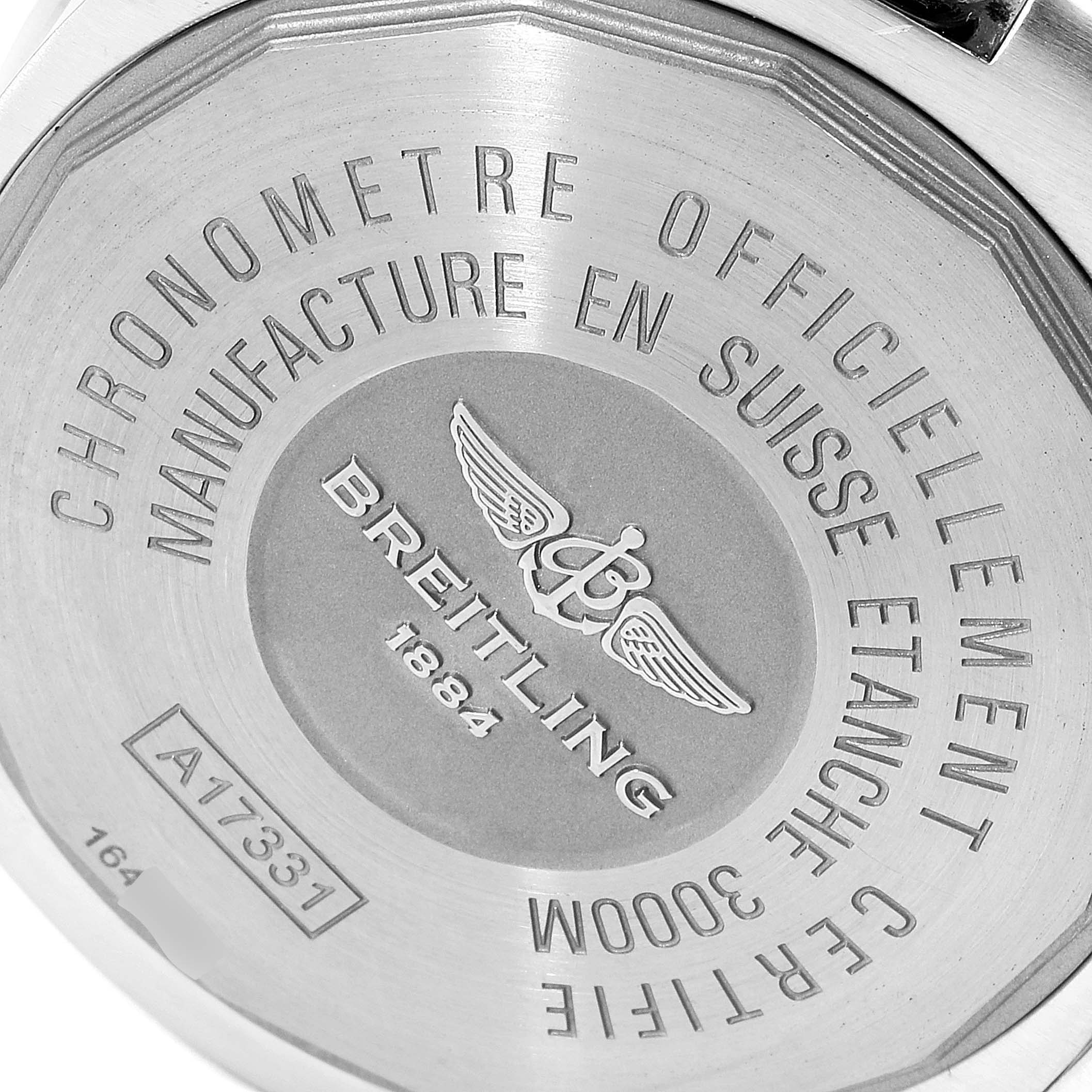 The image shows the back case of the Breitling Avenger A17331 Men's Stainless Steel Yellow Dial A17331 Men's Stainless Steel Yellow Dial watch, highlighting the engraved branding and specifications.