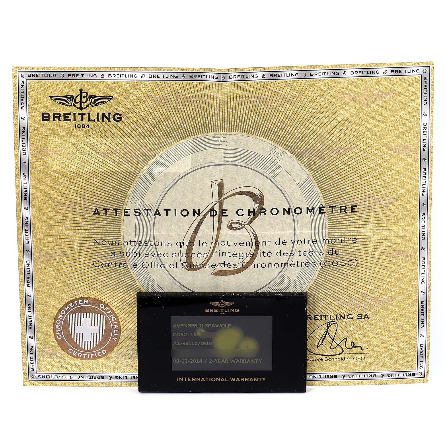 The image displays the warranty card and chronometer certification for the Breitling Avenger A17331 Men's Stainless Steel Yellow Dial A17331 Men's Stainless Steel Yellow Dial II Seawolf.