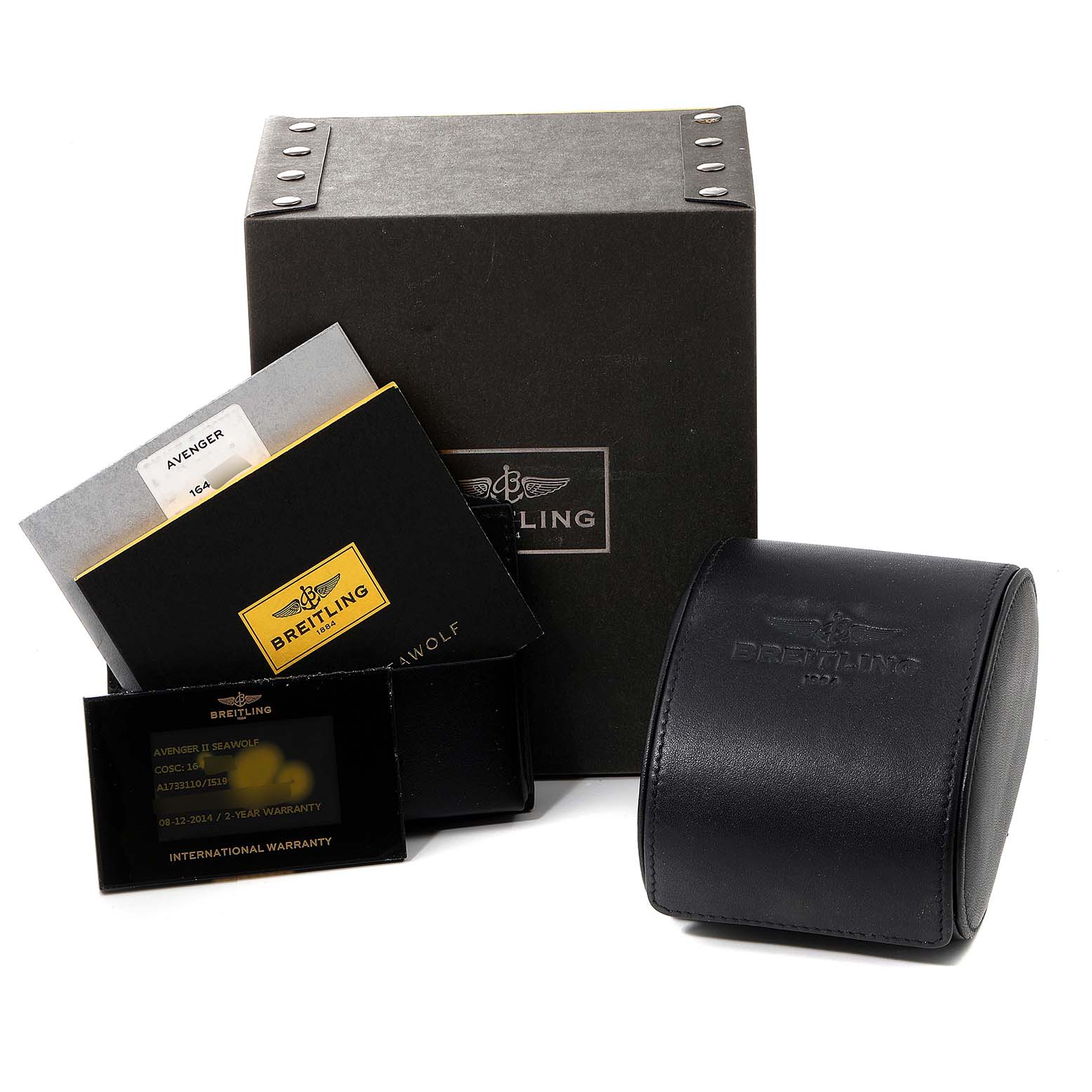 The image shows the packaging, manuals, and a leather case for the Breitling Avenger A17331 Men's Stainless Steel Yellow Dial A17331 Men's Stainless Steel Yellow Dial watch.