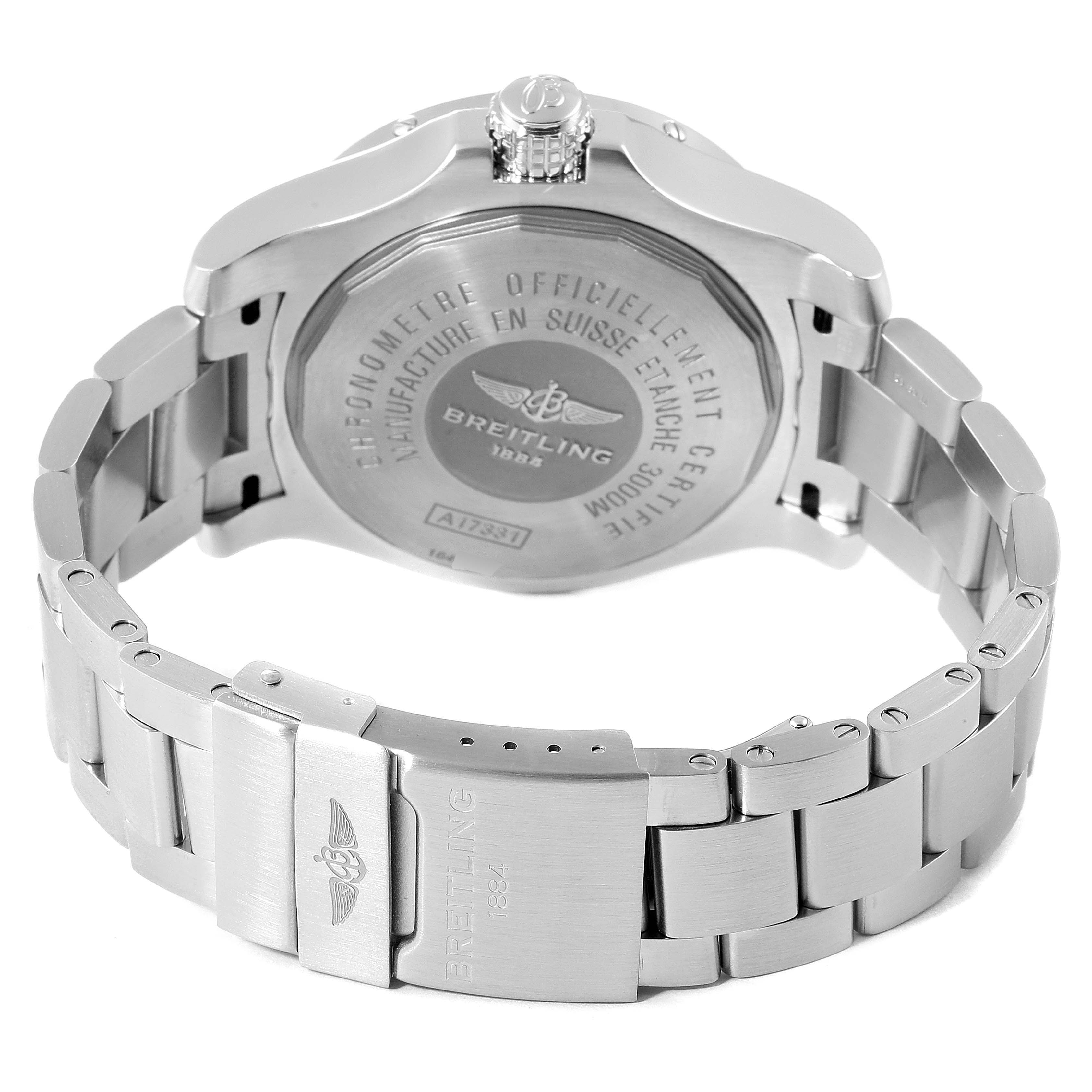 This image shows the back case and bracelet clasp of the Breitling Avenger A17331 Men's Stainless Steel Yellow Dial A17331 Men's Stainless Steel Yellow Dial watch from a rear angle.