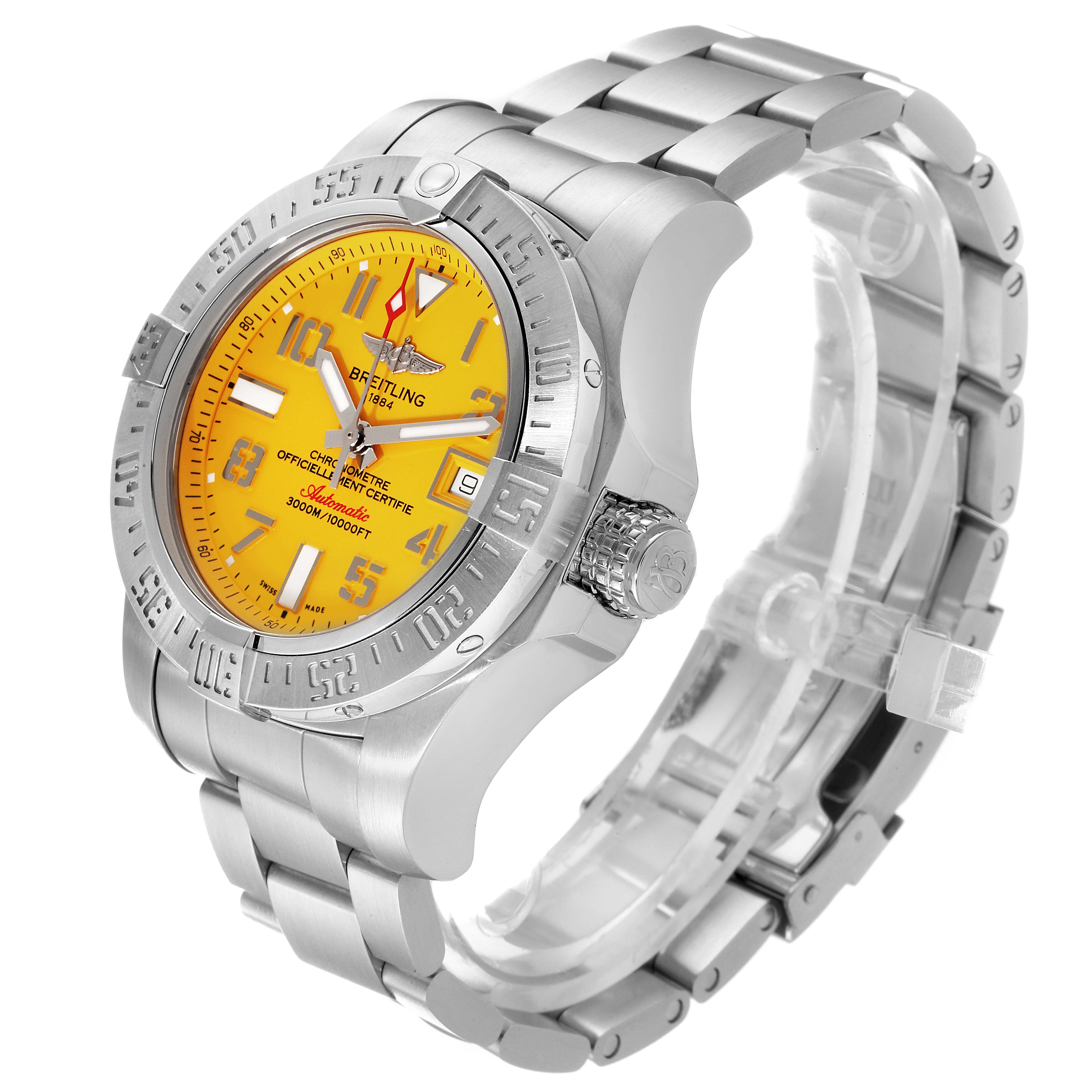 The Breitling Avenger A17331 Men's Stainless Steel Yellow Dial A17331 Men's Stainless Steel Yellow Dial watch is shown from an oblique angle, highlighting the yellow dial, bezel, crown, and stainless steel bracelet.