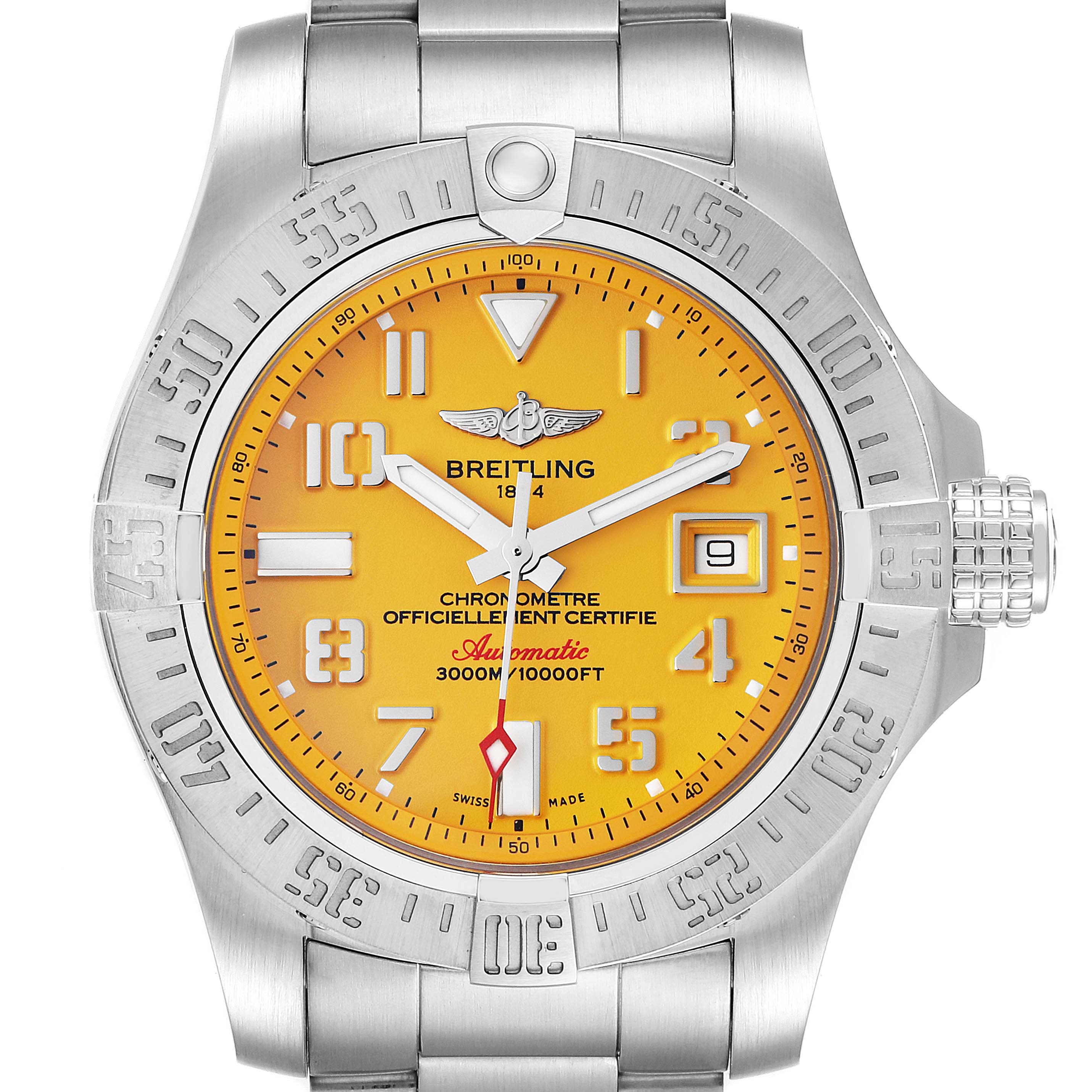 This image of the Breitling Avenger A17331 Men's Stainless Steel Yellow Dial A17331 Men's Stainless Steel Yellow Dial watch shows the front view, highlighting its yellow dial, bezel, and metallic strap.