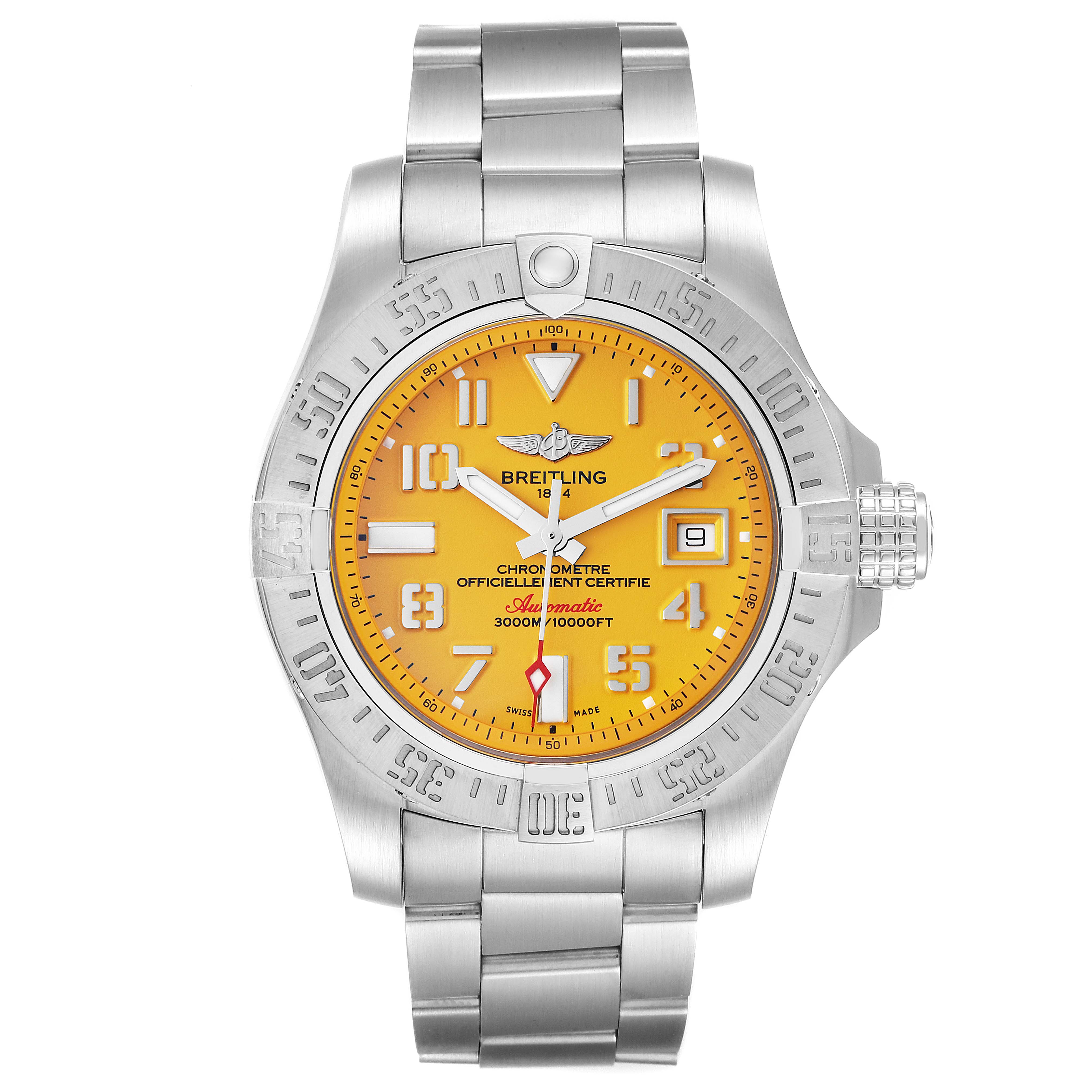 This Breitling Avenger A17331 Men's Stainless Steel Yellow Dial A17331 Men's Stainless Steel Yellow Dial watch is shown from a front angle, highlighting its yellow dial, date window, and stainless steel bracelet.