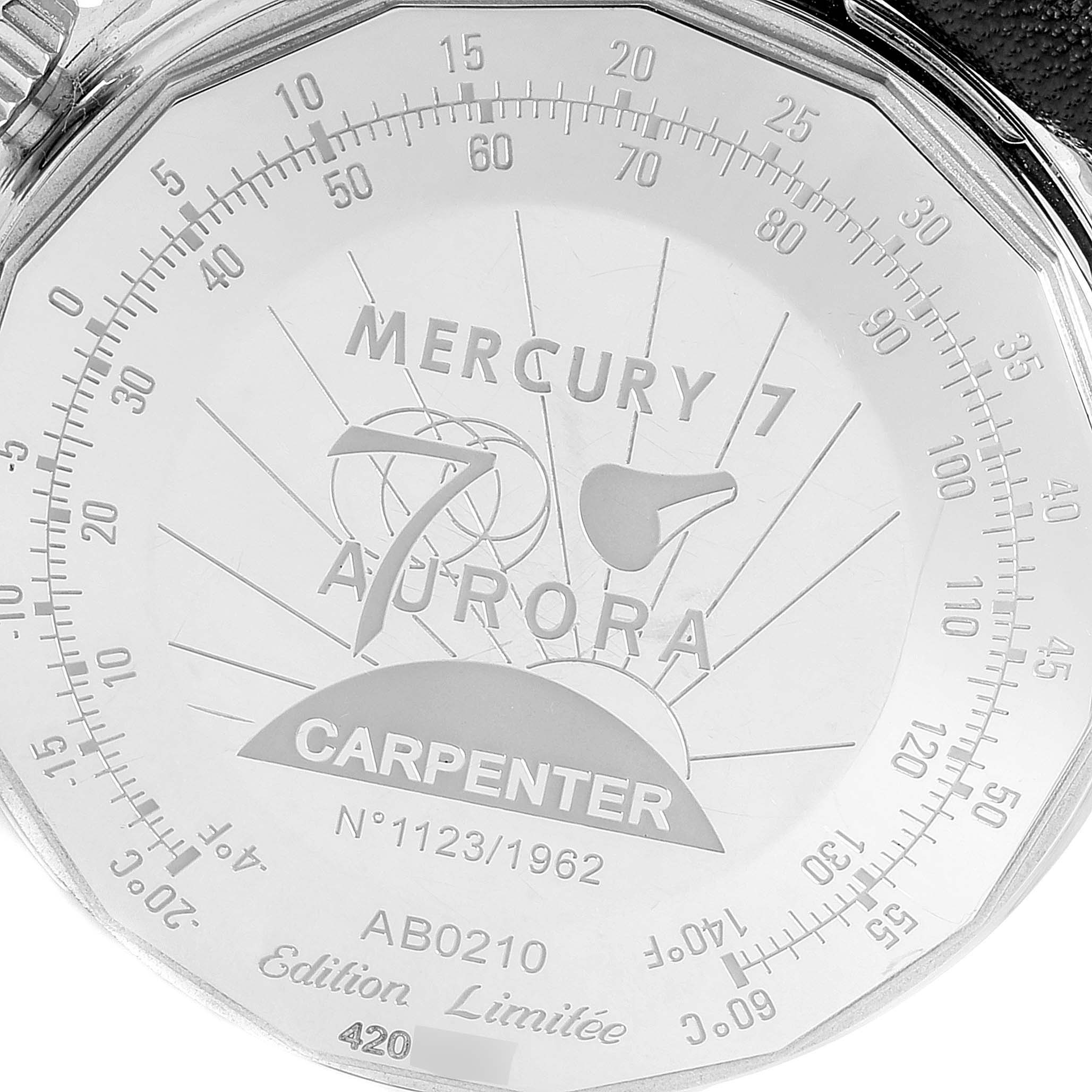 The image shows the back of a Breitling Navitimer AB0210 Men
s Stainless Steel Black Dial AB0210 Men
s Stainless Steel Black Dial watch, highlighting the "Mercury 7 Aurora Carpenter" engraving.
