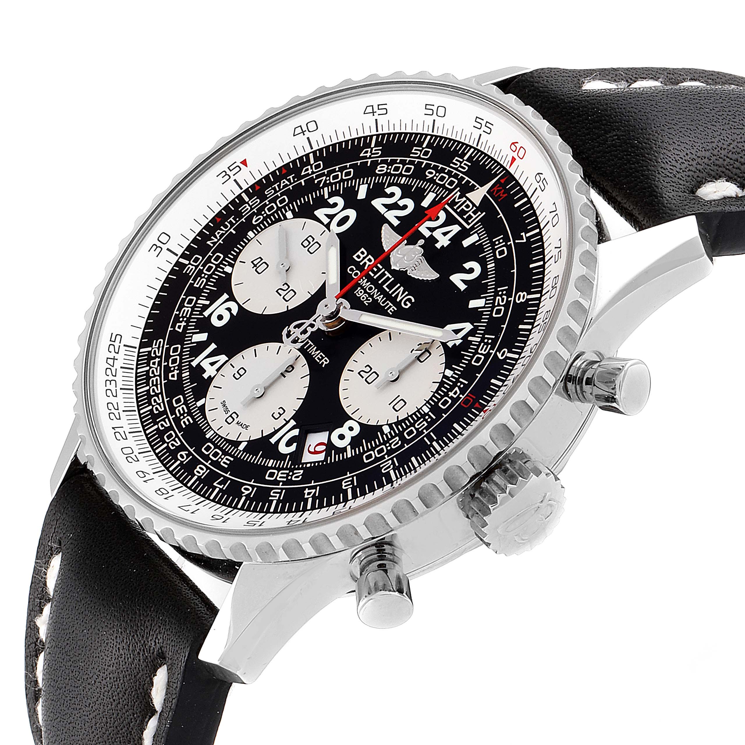 This Breitling Navitimer AB0210 Men
s Stainless Steel Black Dial AB0210 Men
s Stainless Steel Black Dial watch is shown from a slight side angle, highlighting its dial, bezel, pushers, and leather strap.