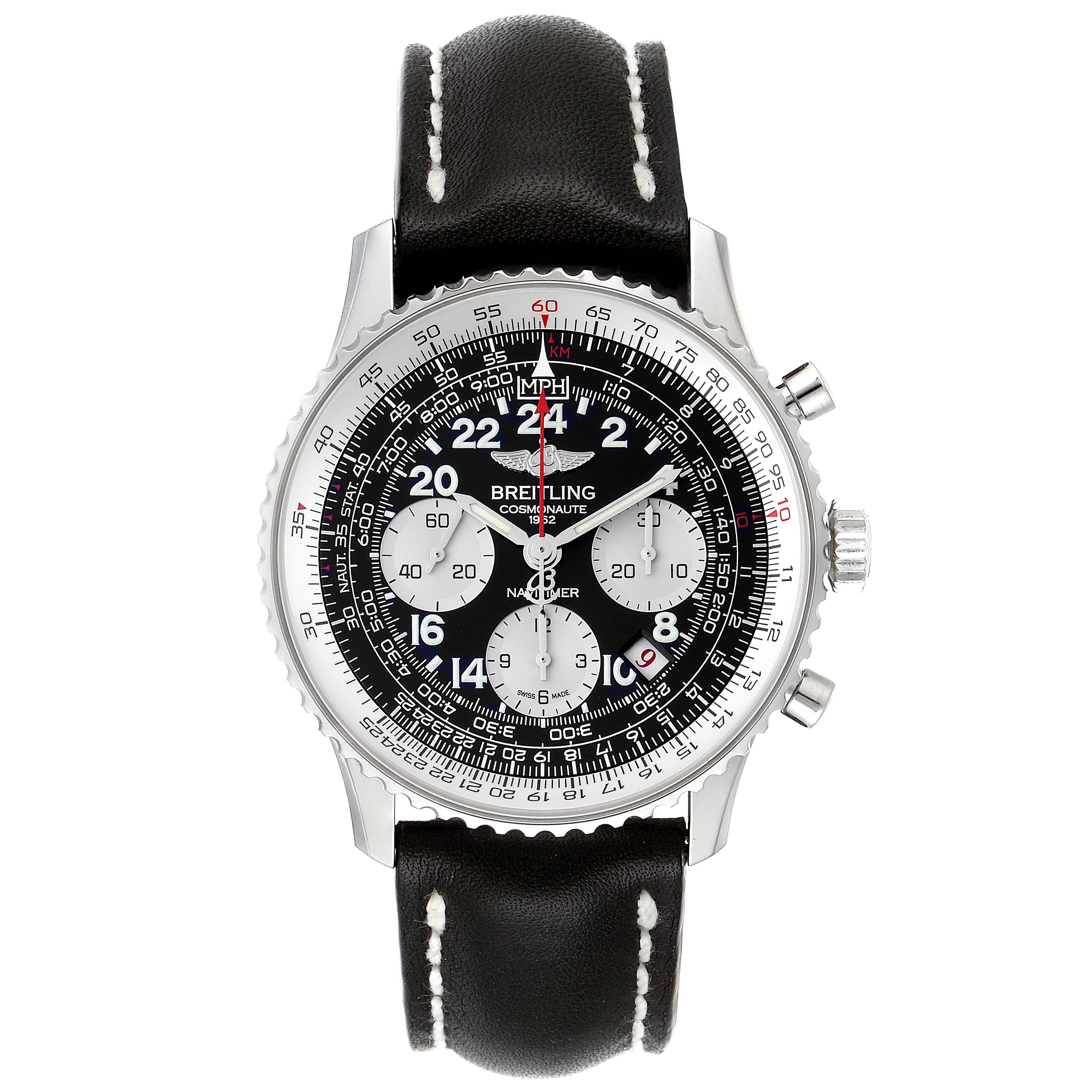 The image shows a front view of a Breitling Navitimer AB0210 Men
s Stainless Steel Black Dial AB0210 Men
s Stainless Steel Black Dial watch, highlighting its black dial, subdials, and black leather strap.