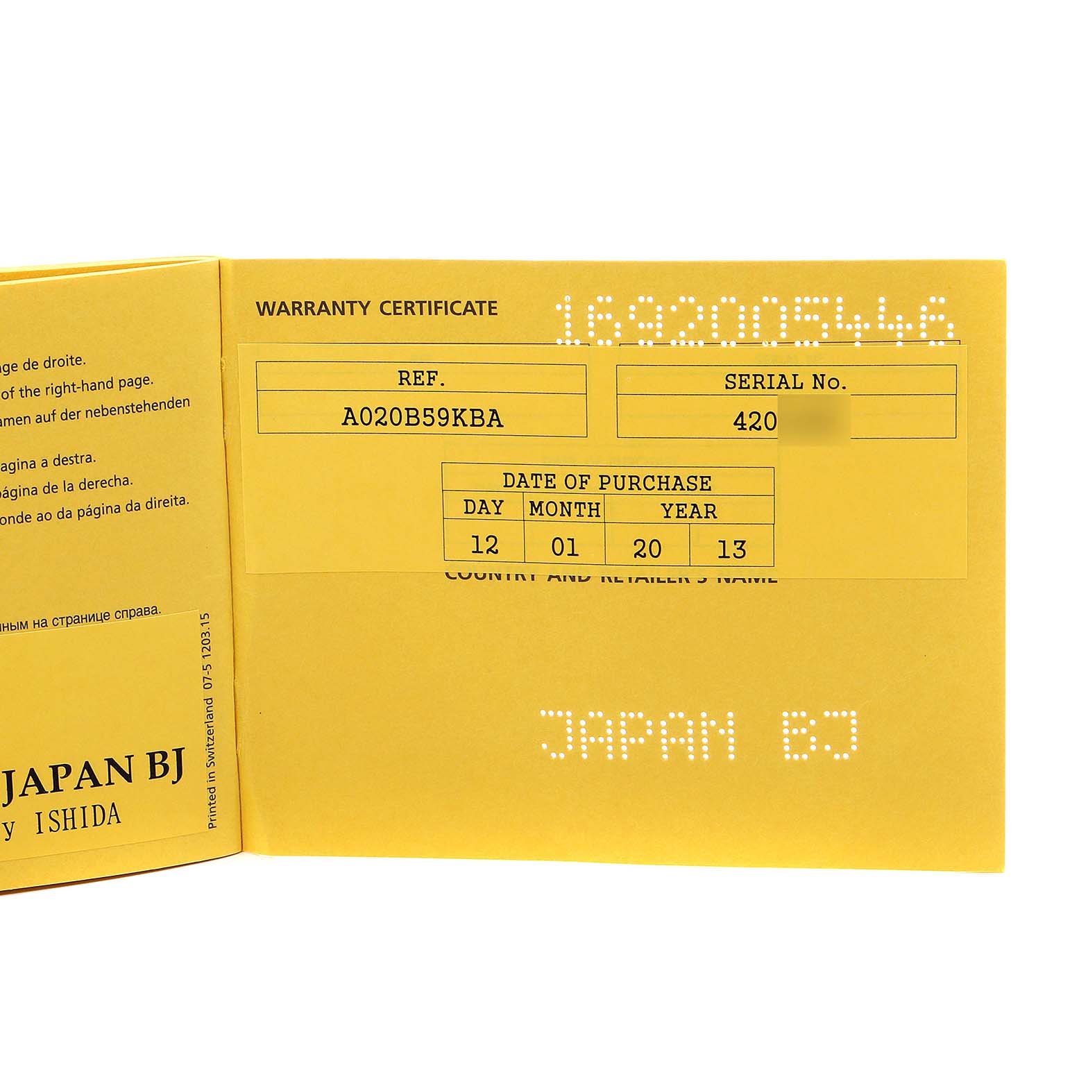 This is a warranty certificate for a Breitling Navitimer AB0210 Men
s Stainless Steel Black Dial AB0210 Men
s Stainless Steel Black Dial watch, showing the reference number, serial number, and purchase date.