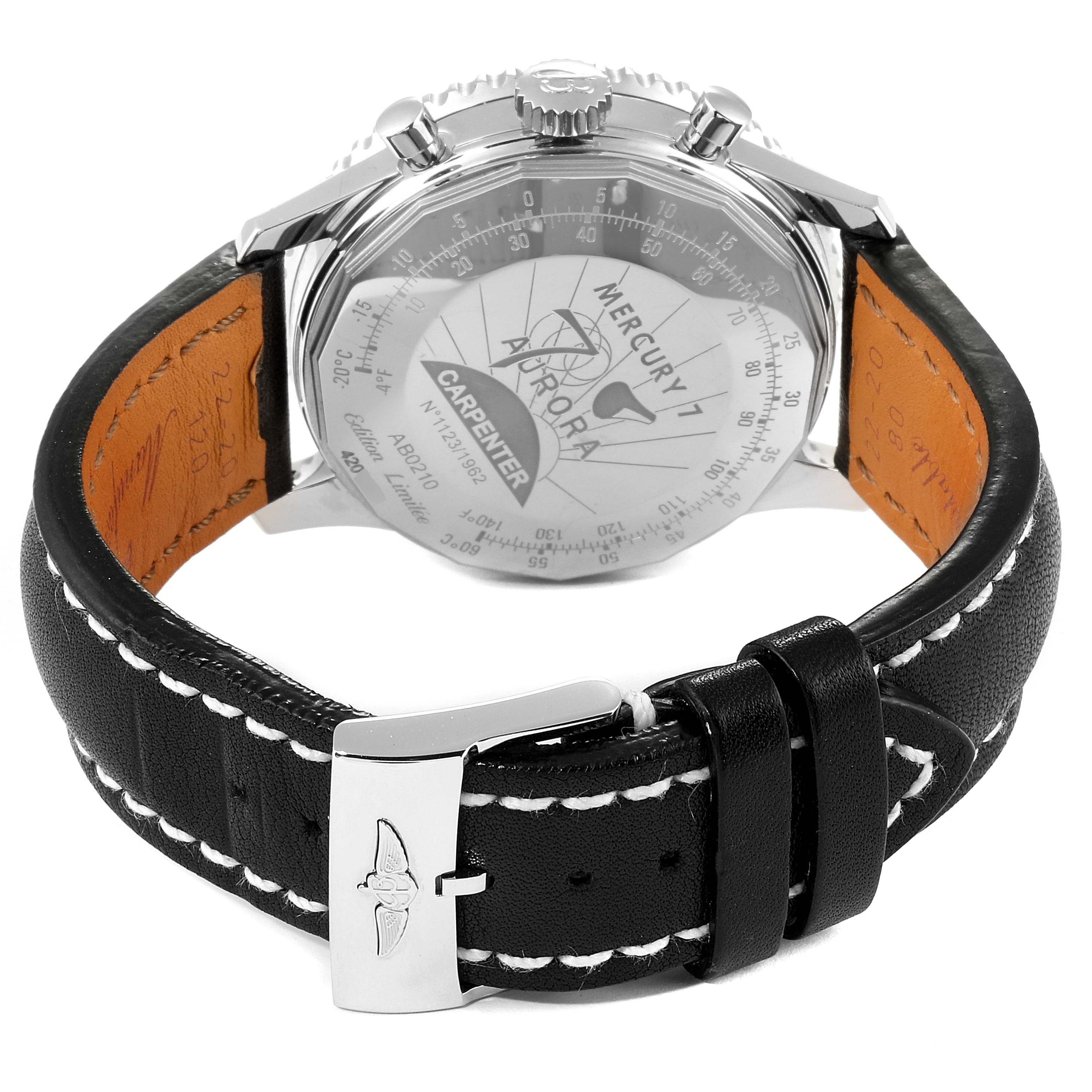 This image shows the back of the Breitling Navitimer AB0210 Men
s Stainless Steel Black Dial AB0210 Men
s Stainless Steel Black Dial watch, featuring the case back and the black leather strap with a buckle.