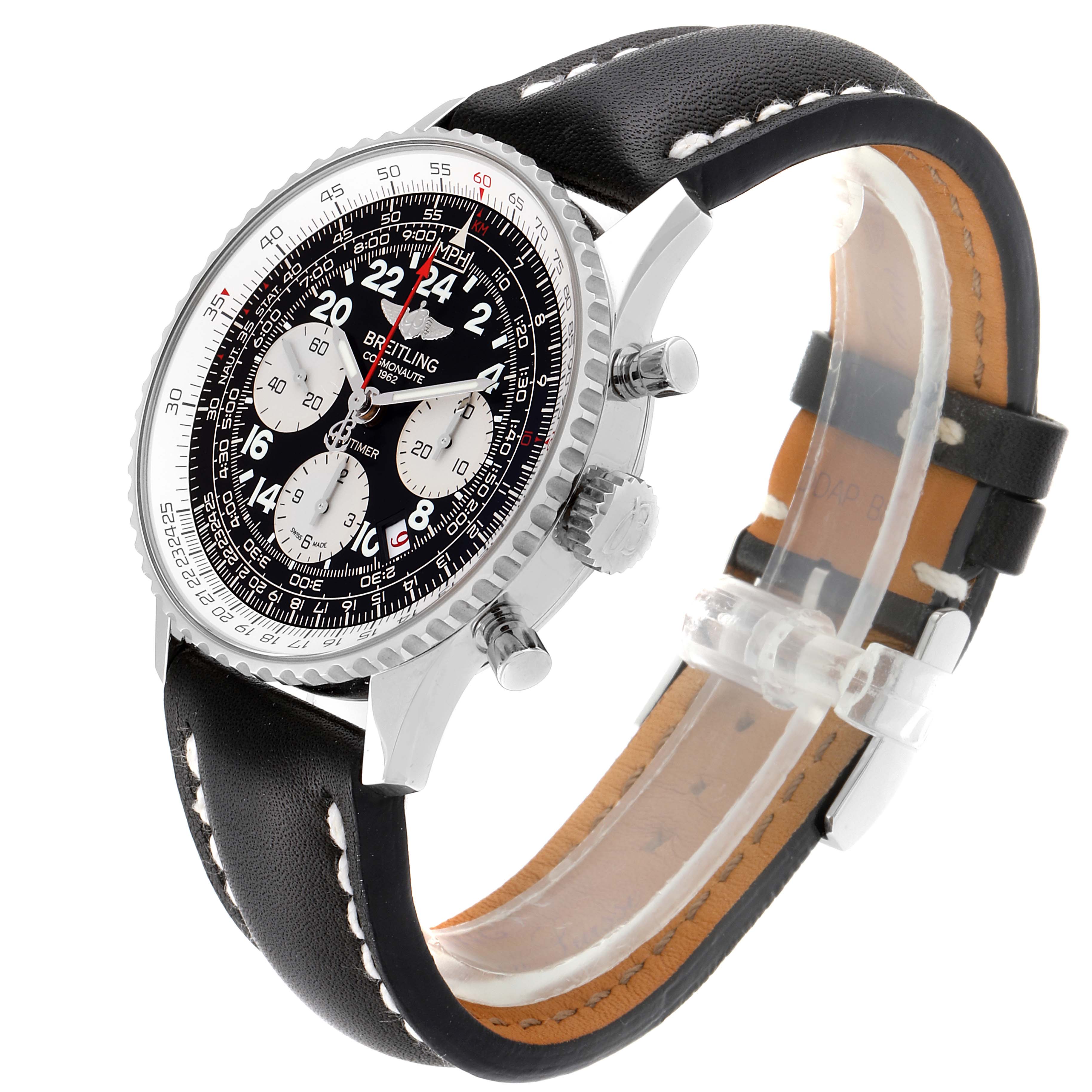 The Breitling Navitimer AB0210 Men
s Stainless Steel Black Dial AB0210 Men
s Stainless Steel Black Dial watch is shown at a three-quarter angle, featuring the face, bezel, dial, and leather strap.