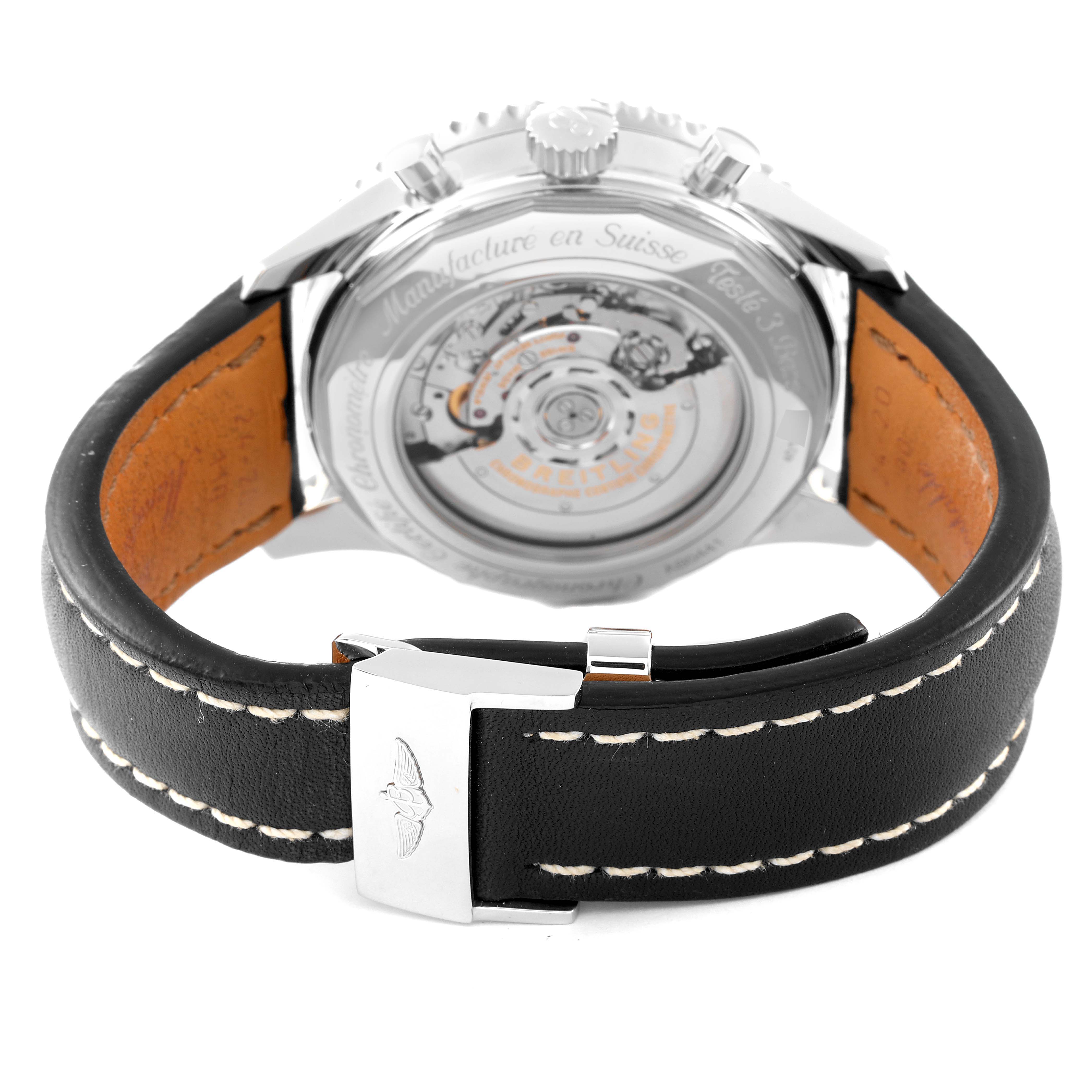 The image shows the back view of a Breitling Navitimer AB044121-BD24-442X-A20D.1 Men's Stainless Steel Black Dial AB044121-BD24-442X-A20D.1 Men's Stainless Steel Black Dial watch, displaying its transparent case back and black leather strap.