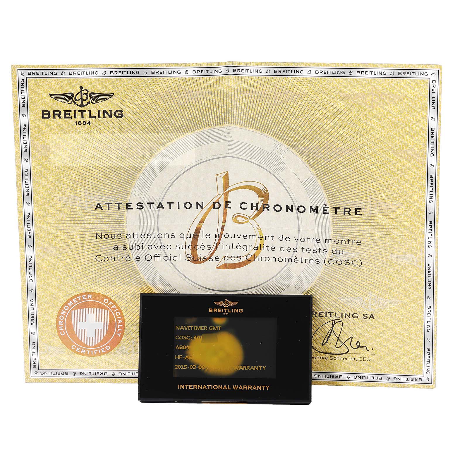 This image shows a Breitling Navitimer AB044121-BD24-442X-A20D.1 Men's Stainless Steel Black Dial AB044121-BD24-442X-A20D.1 Men's Stainless Steel Black Dial chronometer certificate and international warranty card for the watch model.