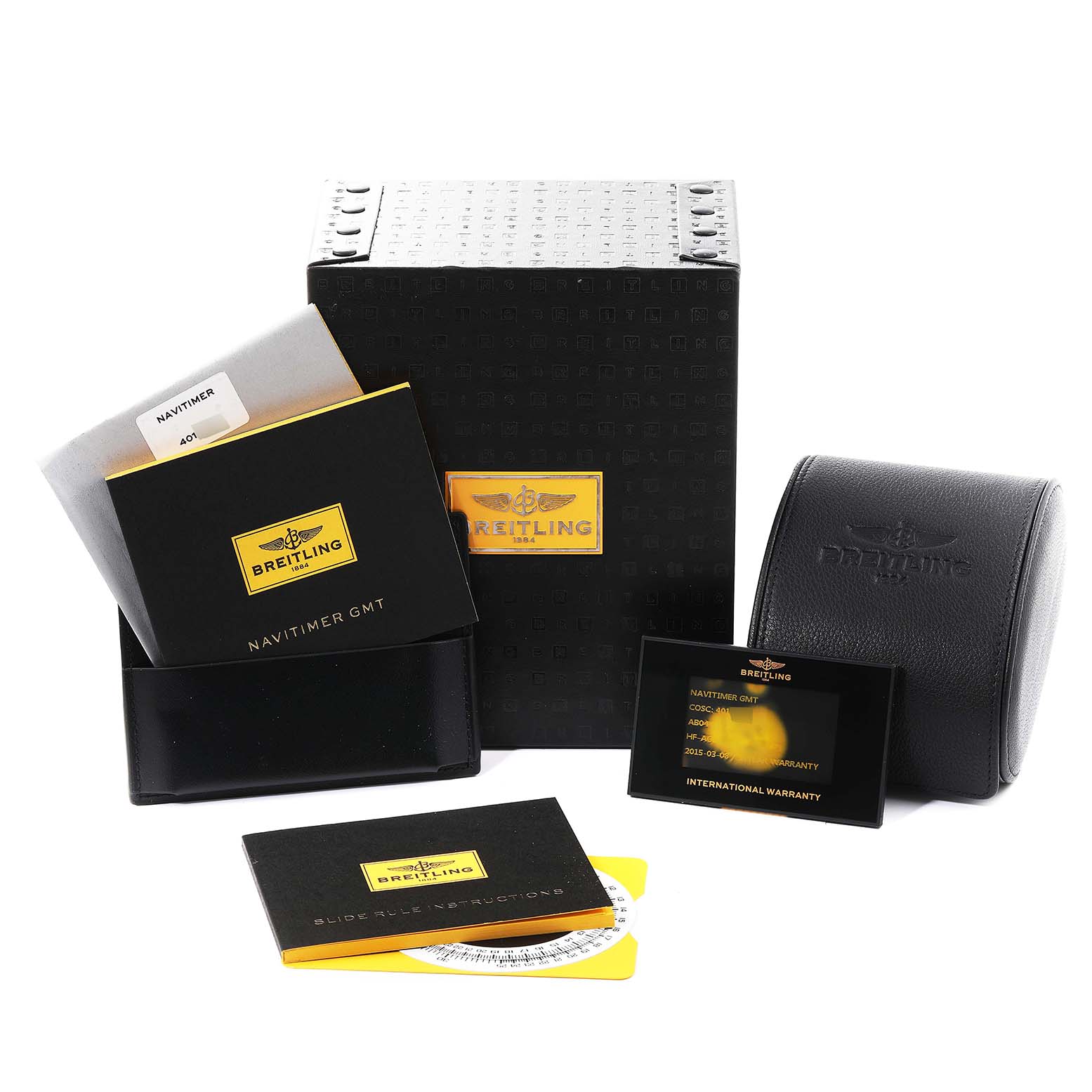 The image shows accessories for a Breitling Navitimer AB044121-BD24-442X-A20D.1 Men's Stainless Steel Black Dial AB044121-BD24-442X-A20D.1 Men's Stainless Steel Black Dial model, including documentation, a warranty card, box, and a leather watch case.