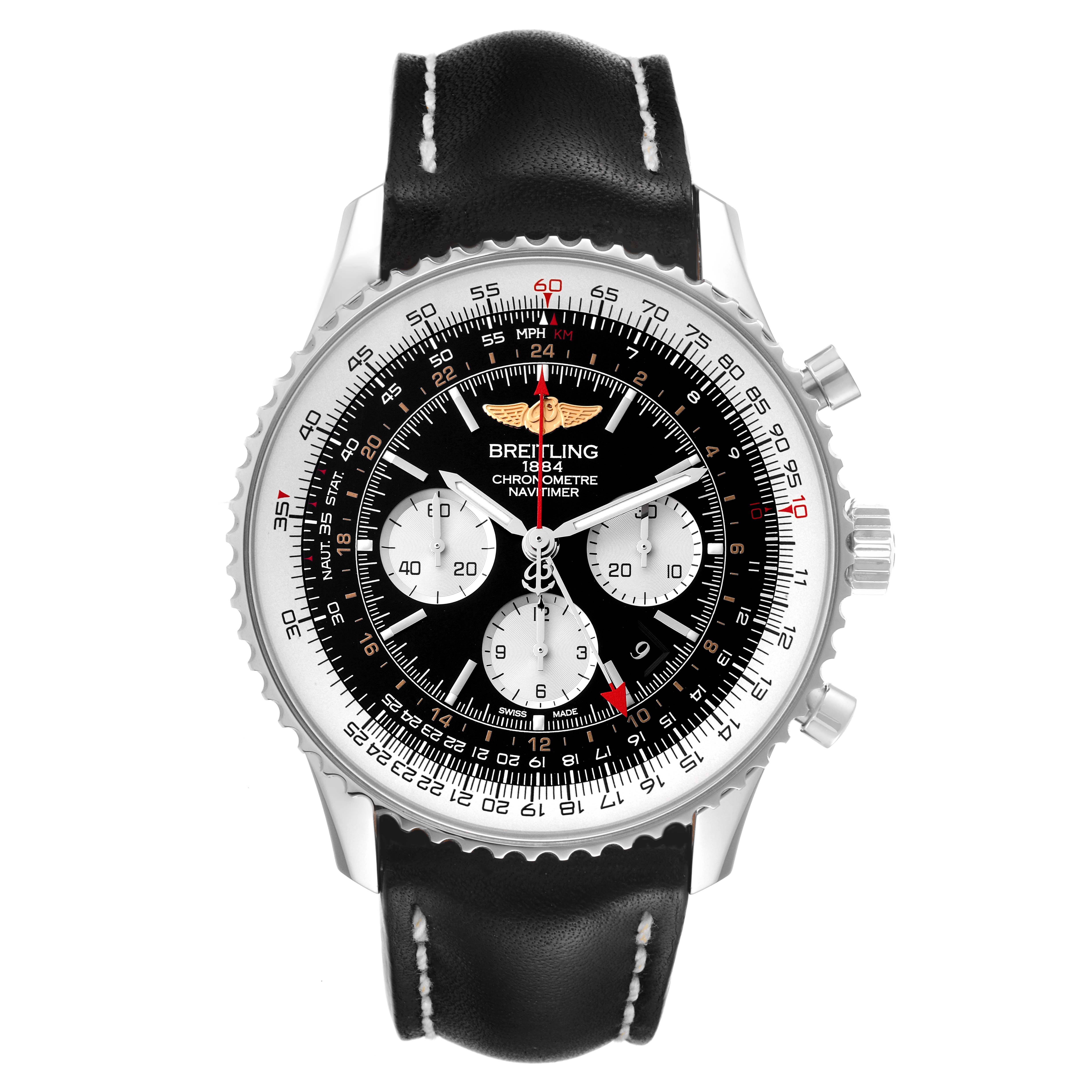 This image shows a front view of the Breitling Navitimer AB044121-BD24-442X-A20D.1 Men's Stainless Steel Black Dial AB044121-BD24-442X-A20D.1 Men's Stainless Steel Black Dial watch, featuring its black dial, chronograph subdials, and black leather strap.