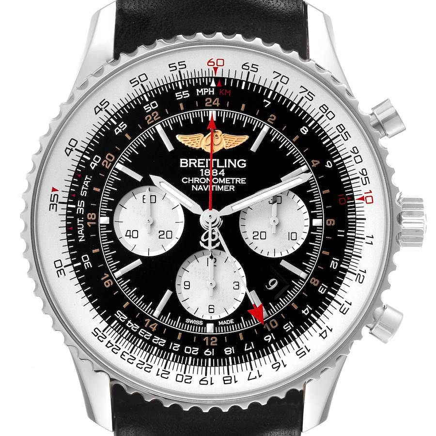 Breitling Navitimer GMT 48 Black Dial Leather Strap Mens Watch AB0441 Box Card SwissWatchExpo