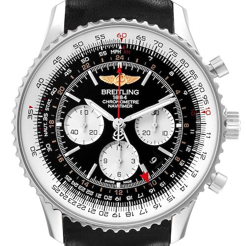 Photo of Breitling Navitimer GMT 48 Black Dial Leather Strap Mens Watch AB0441 Box Card