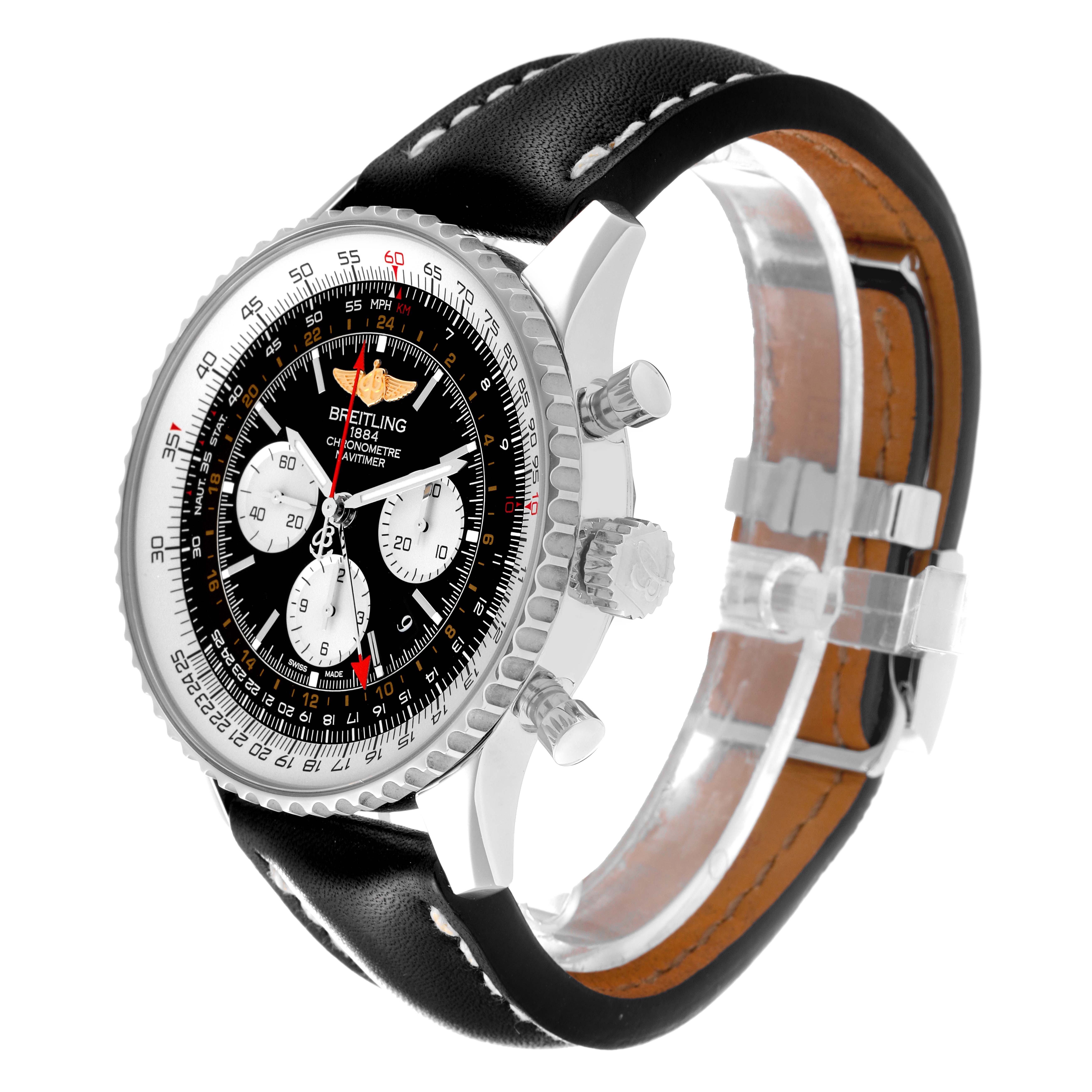 The image shows a Breitling Navitimer AB044121-BD24-442X-A20D.1 Men's Stainless Steel Black Dial AB044121-BD24-442X-A20D.1 Men's Stainless Steel Black Dial watch at a three-quarter angle, highlighting the face, bezel, side buttons, and leather strap.