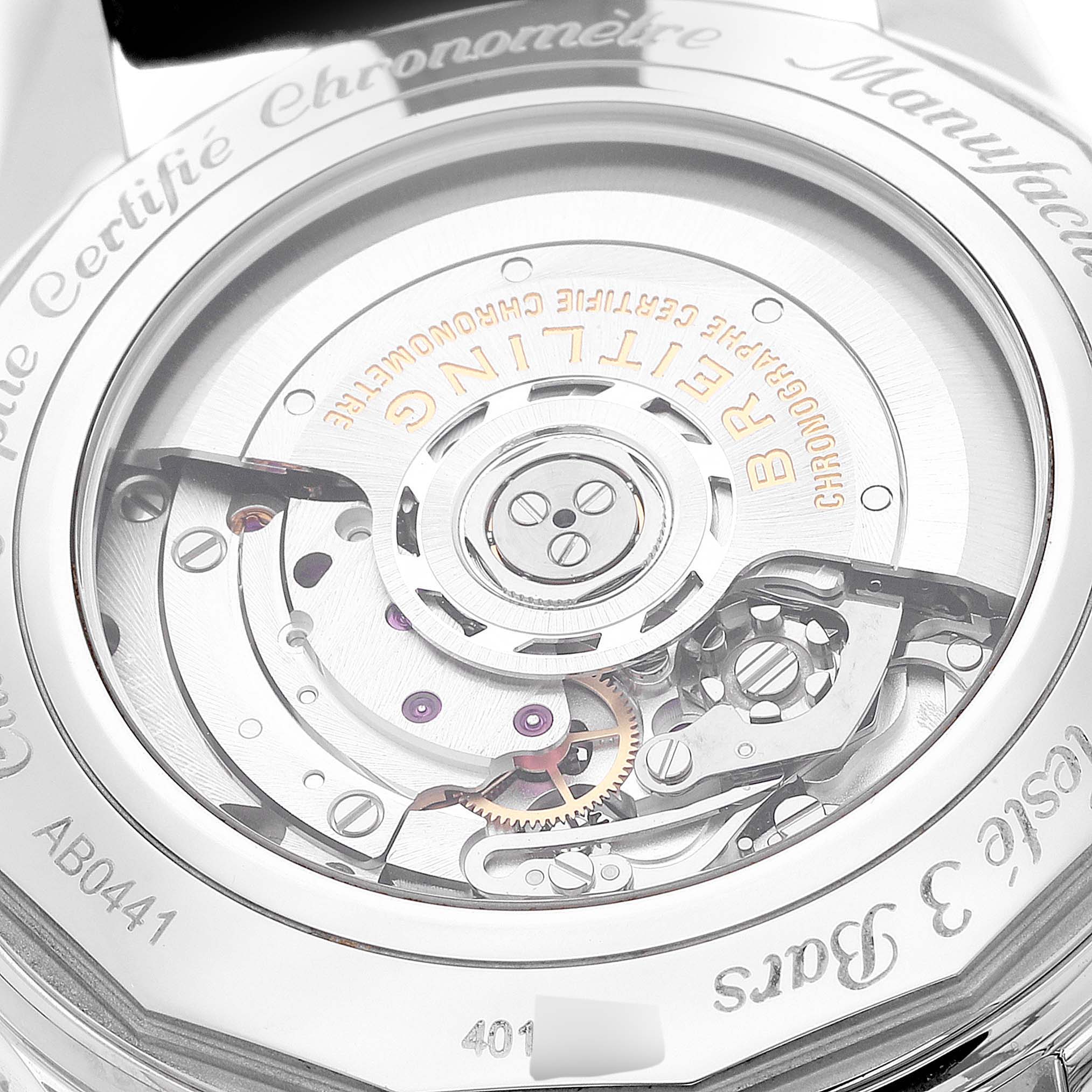 The image shows the back view of a Breitling Navitimer AB044121-BD24-442X-A20D.1 Men's Stainless Steel Black Dial AB044121-BD24-442X-A20D.1 Men's Stainless Steel Black Dial watch, highlighting its exposed mechanical movement.