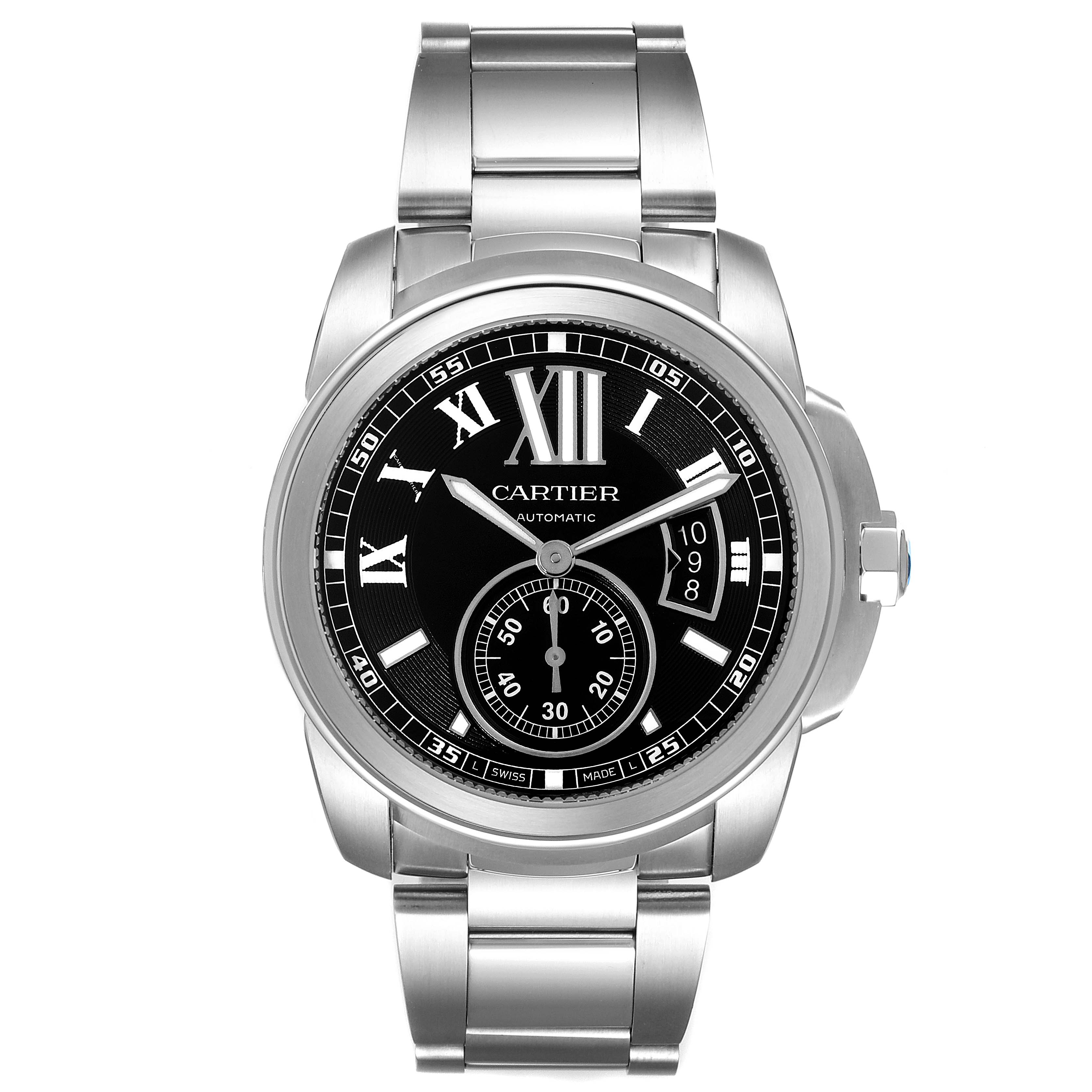 This image shows a front view of the Calibre de Cartier watch by Cartier, displaying its face, bezel, crown, and metal bracelet.