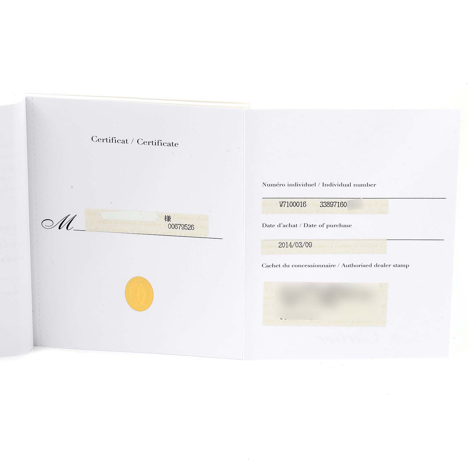 The image shows an open certificate booklet for a Calibre de Cartier watch by Cartier, displaying the individual number and date of purchase.