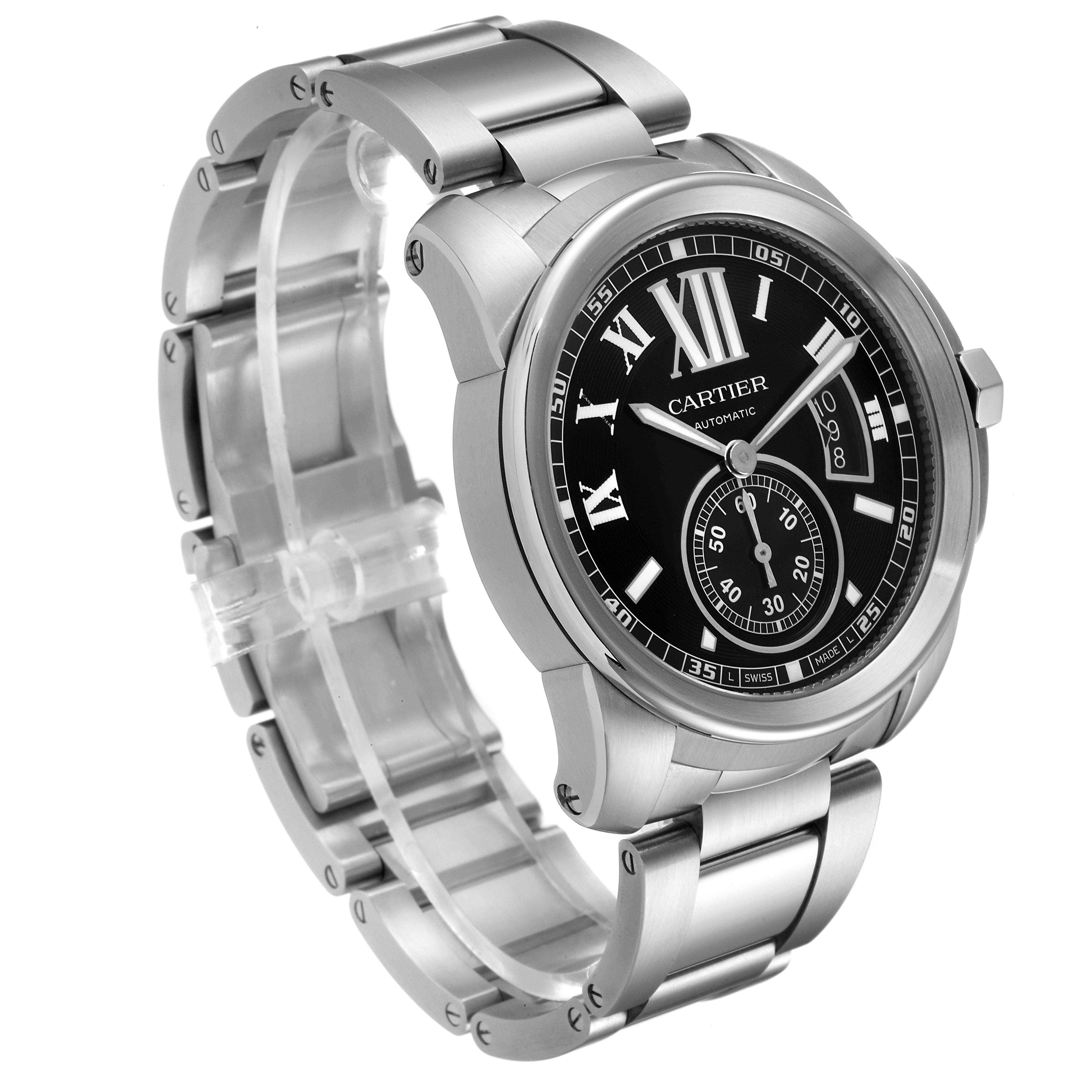 The image shows a side and front angle of the Calibre de Cartier watch by Cartier, highlighting the face, bezel, and bracelet.