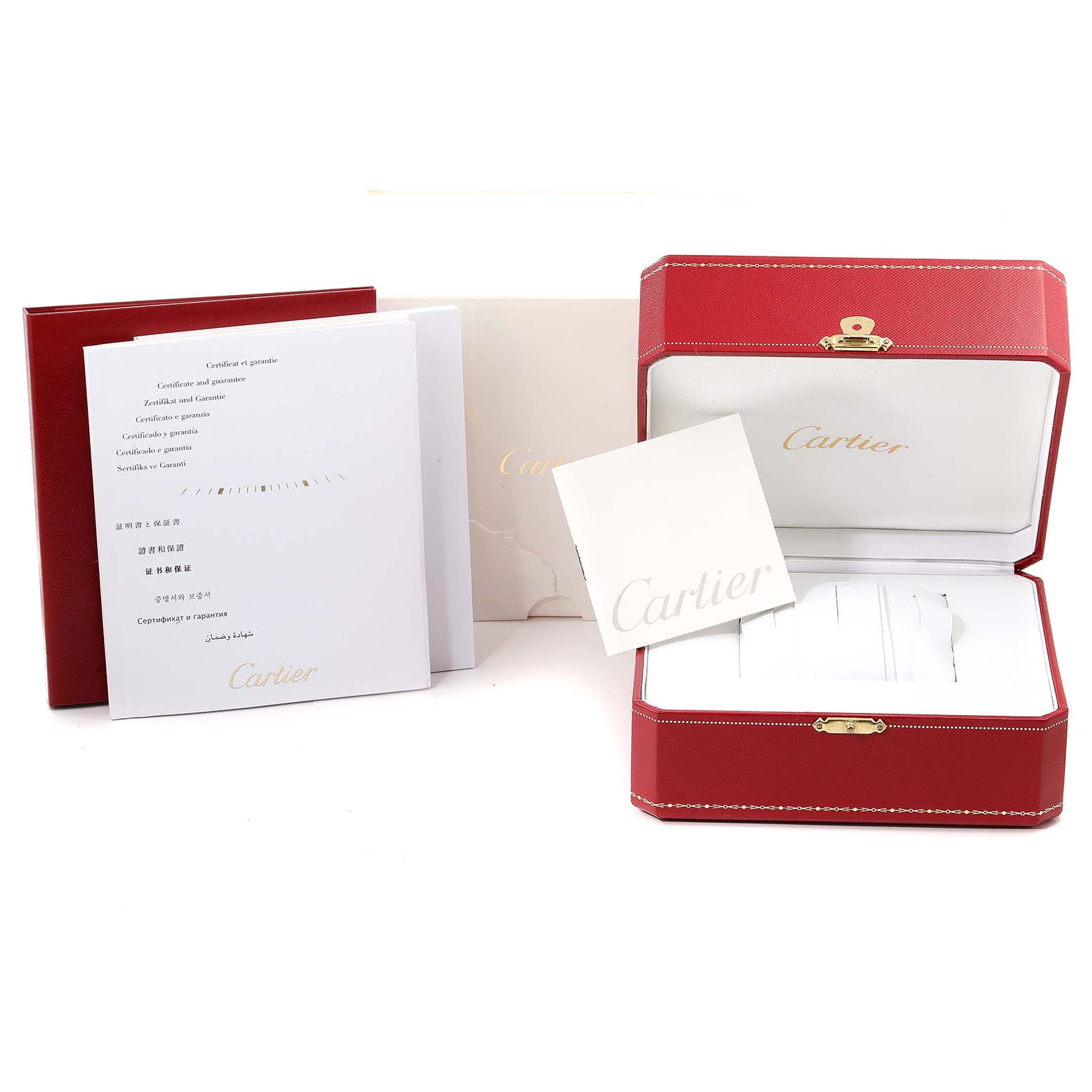 The image shows the packaging and documentation for a Calibre de Cartier watch by Cartier, including a red box and warranty cards.