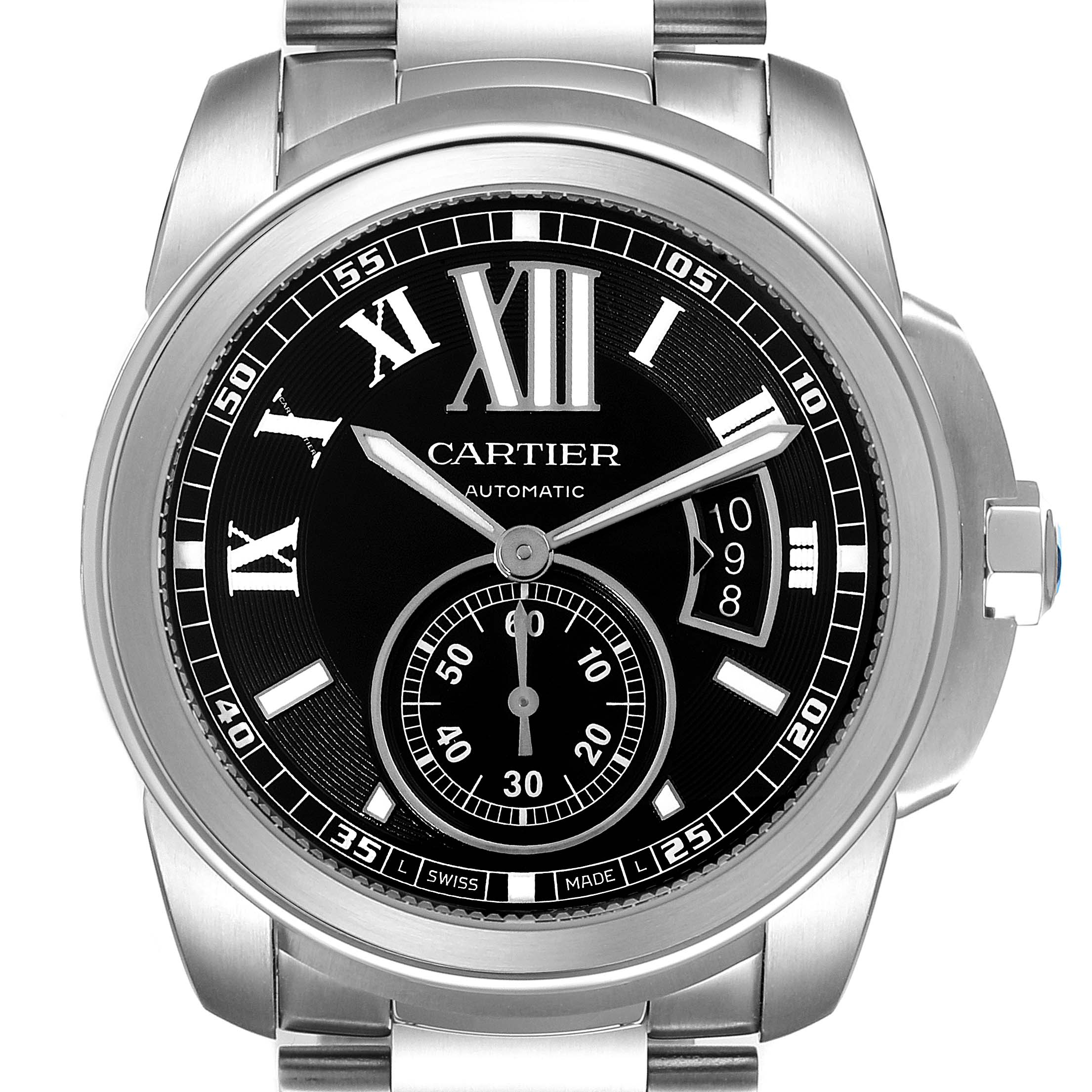 The image shows a front view of a Calibre de Cartier model by Cartier, featuring the dial, hands, sub-dial, and part of the bracelet.